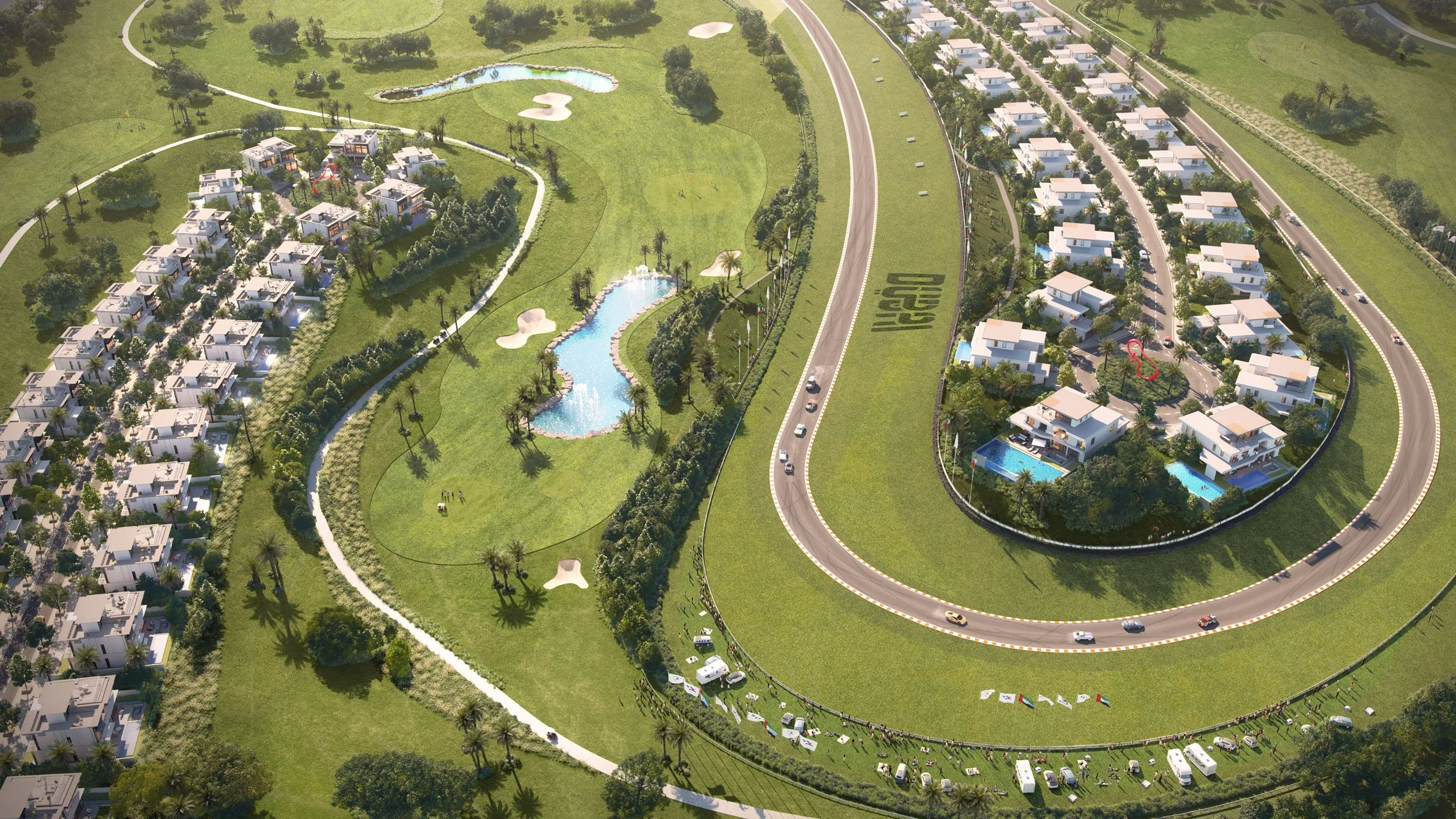 Aerial view of a residential development with houses, swimming pools, a golf driving range, walking paths, water features, and green landscaped areas.