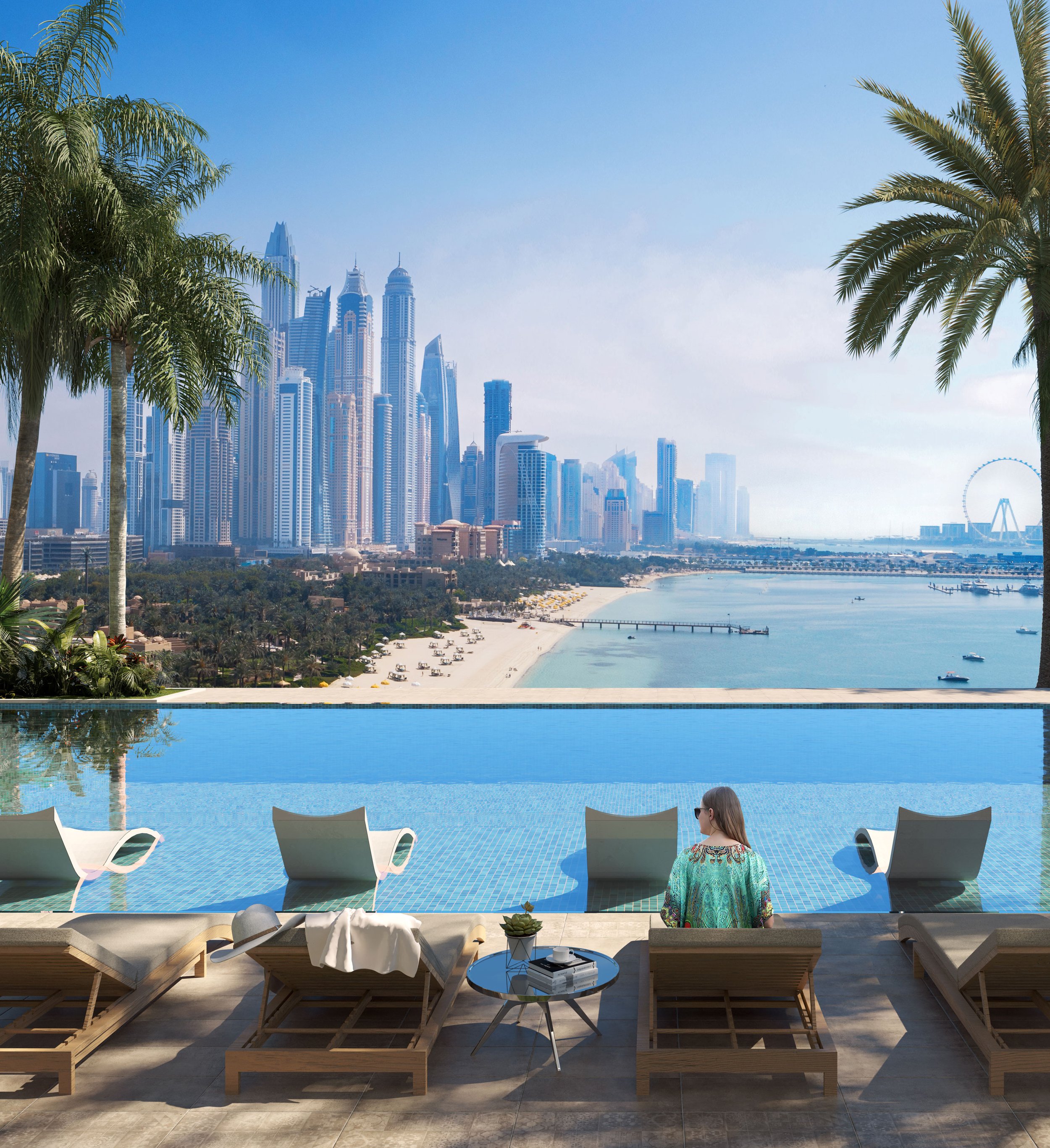 A woman in sunglasses sits on a lounge chair by an infinity pool, overlooking Dubai's skyline and the ocean with a beach, palm trees, and a cityscape with tall skyscrapers in the background.