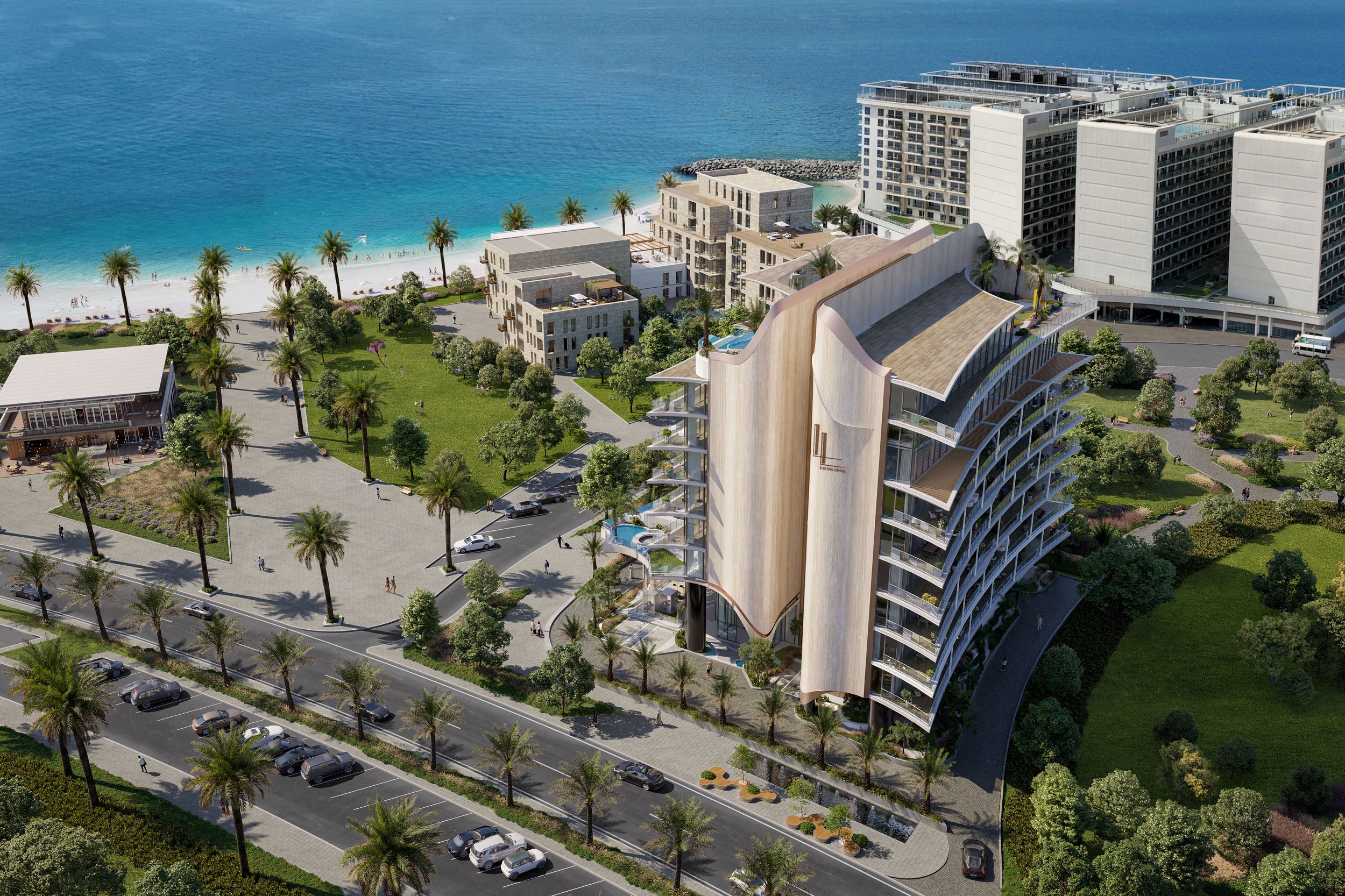 Aerial view of a modern beachfront hotel with balconies and a curved design, surrounded by palm trees, greenery, and parking lots, overlooking a sandy beach and ocean.  Lacasa Living. Al Marjan Island . CGI.  Dubai Real Estate Marketing.