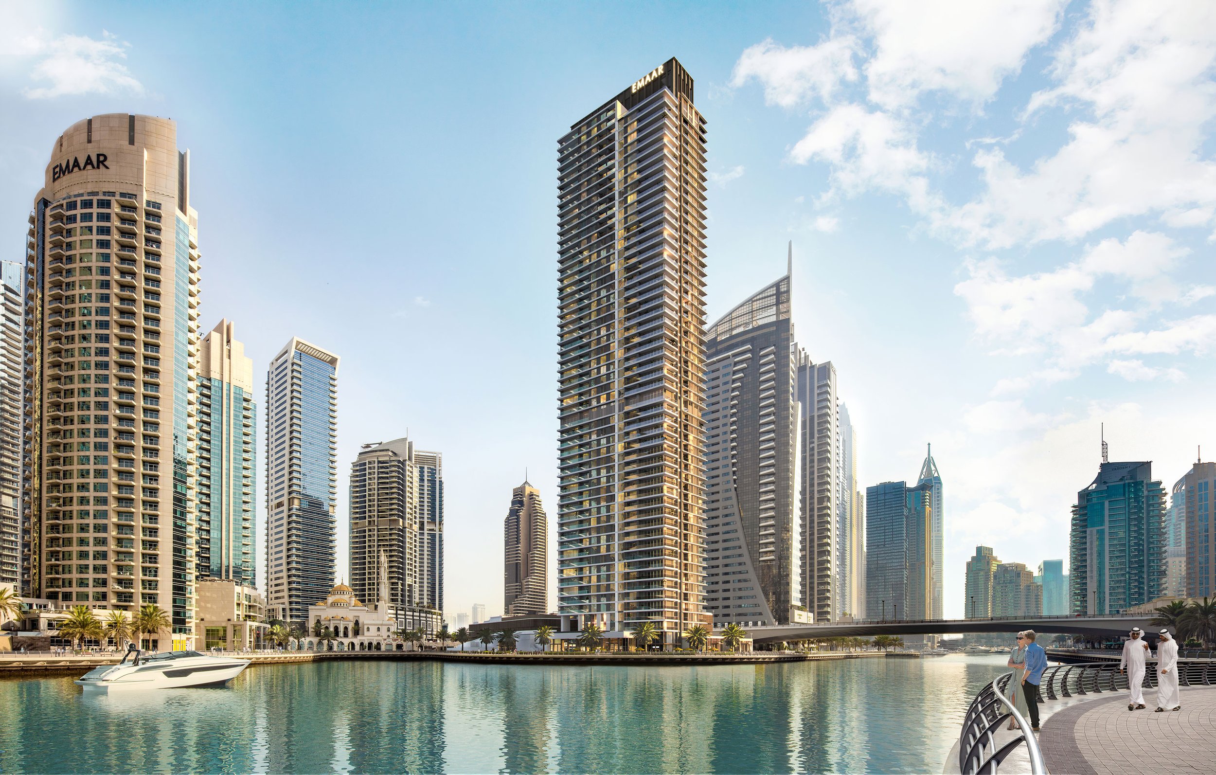 City skyline with modern high-rise buildings along a waterway, with a boat on the water and people walking on a promenade. Emaar. Dubai Marina. Dubai Real estate marketing.