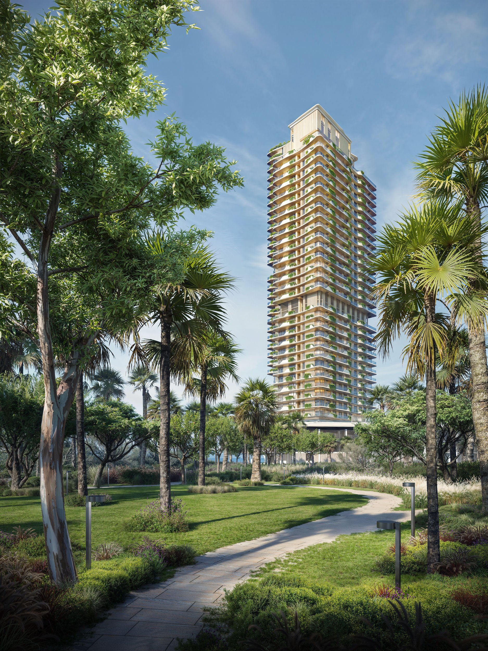 A tall modern residential building surrounded by a landscaped park with lush green trees and a winding pathway.  Beyond Properties. Dubai Real Estate Marketing.