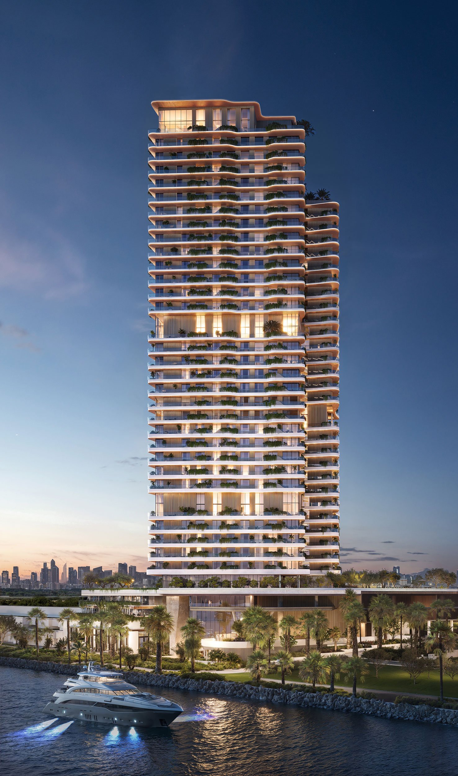 A modern skyscraper with numerous balconies and greenery, situated near a waterway with a yacht passing by, city skyline in the background during twilight.  Beyond Properties. Dubai Real Estate Marketing.