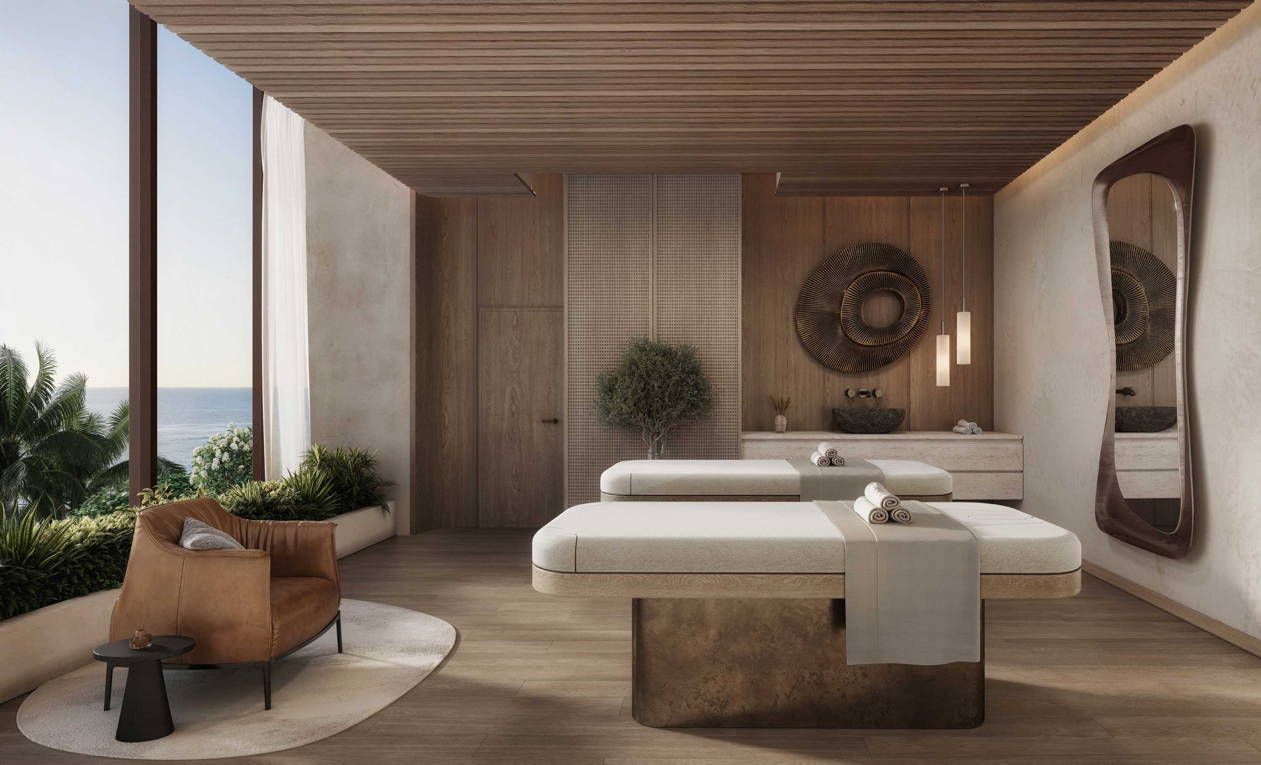 A serene massage room with two massage beds, rolled towels, and a large mirror, with a window view of green plants and ocean, featuring wooden ceiling and floor, and modern decor.  Beyond Properties. Dubai Real Estate Marketing.