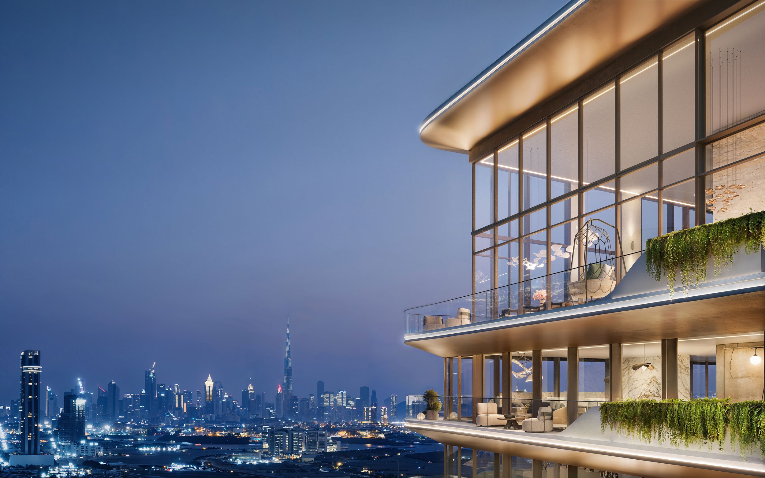 Night view of a modern high-rise building with glass balconies overlooking Dubai skyline, including Burj Khalifa, with illuminated cityscape in the background.  Beyond Properties. Dubai Real Estate Marketing.