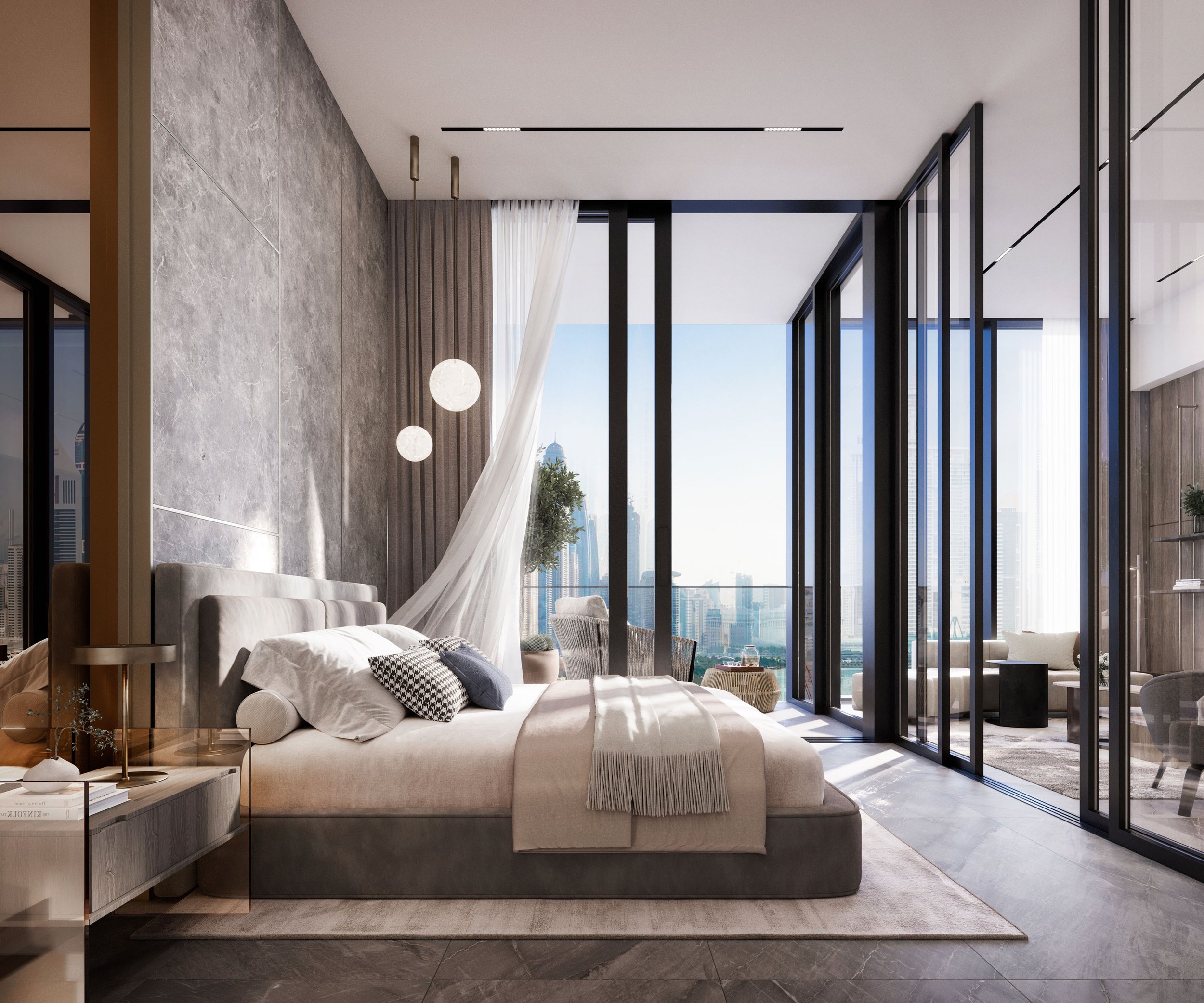 A modern bedroom with large glass windows, a bed with pillows and a blanket, and a city view outside.