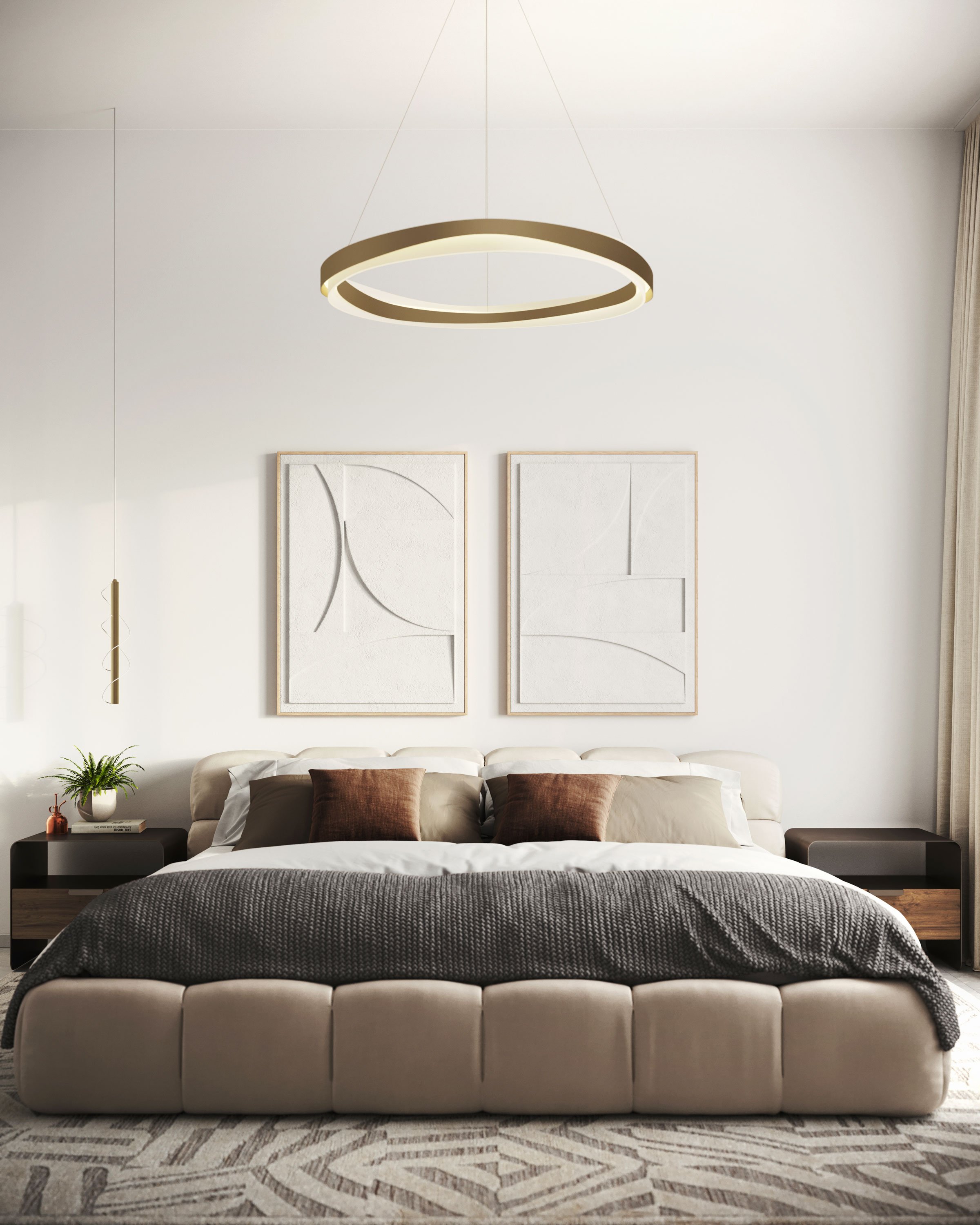 Modern bedroom with low beige bed, brown pillows, black nightstands, white wall art, and circular ceiling light.