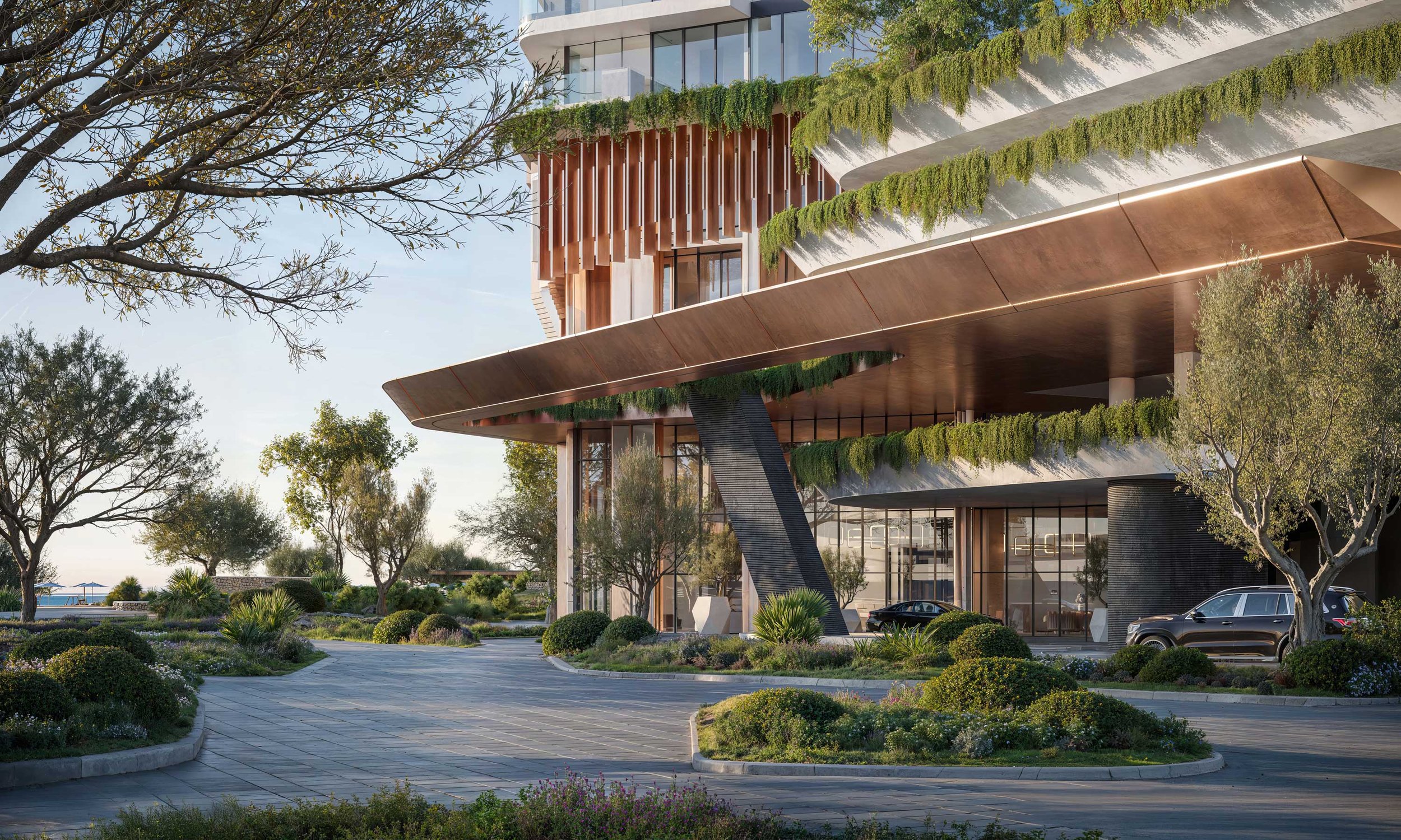 Modern building with glass and wood facade, surrounded by landscaped gardens and trees, with a driveway and parked cars in the foreground.  Beyond Properties. Dubai Real Estate Marketing.