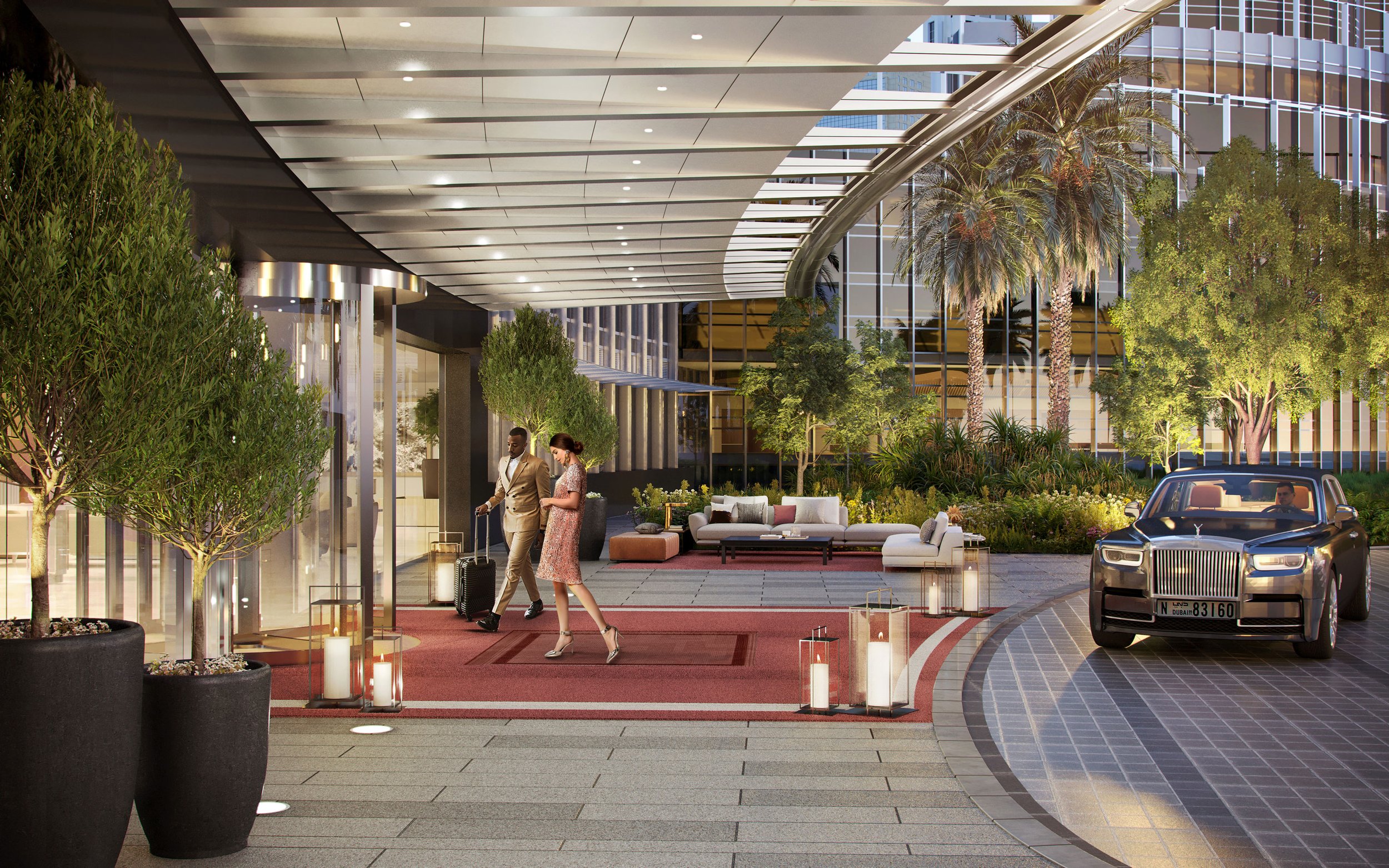 People arriving at a luxury hotel entrance, with a black Rolls Royce in the driveway, outdoor seating, decorative lanterns, and tall palm trees in a modern urban setting.
