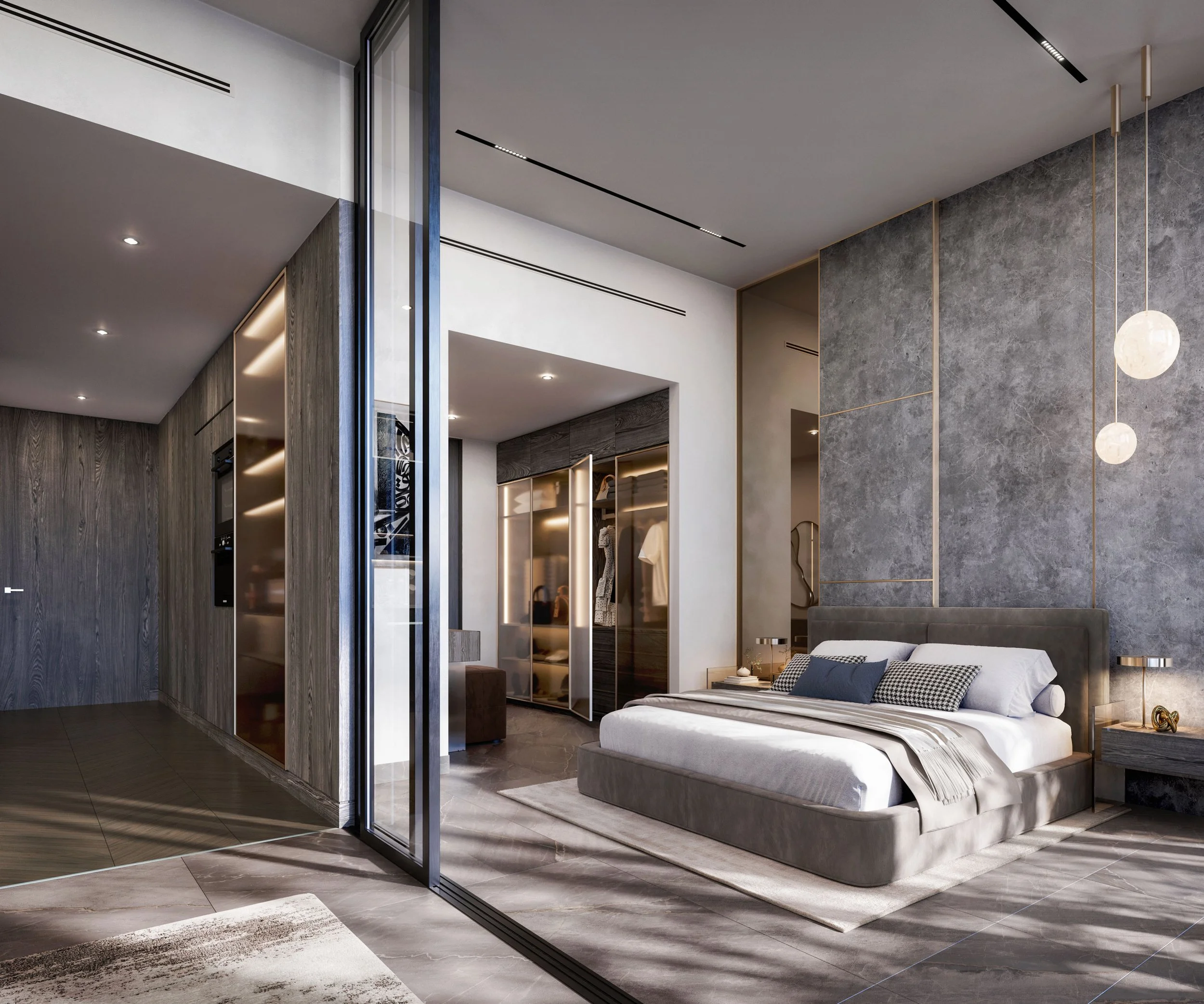 Modern bedroom with a bed, nightstands, hanging pendant lights, and a walk-in closet with glass doors.