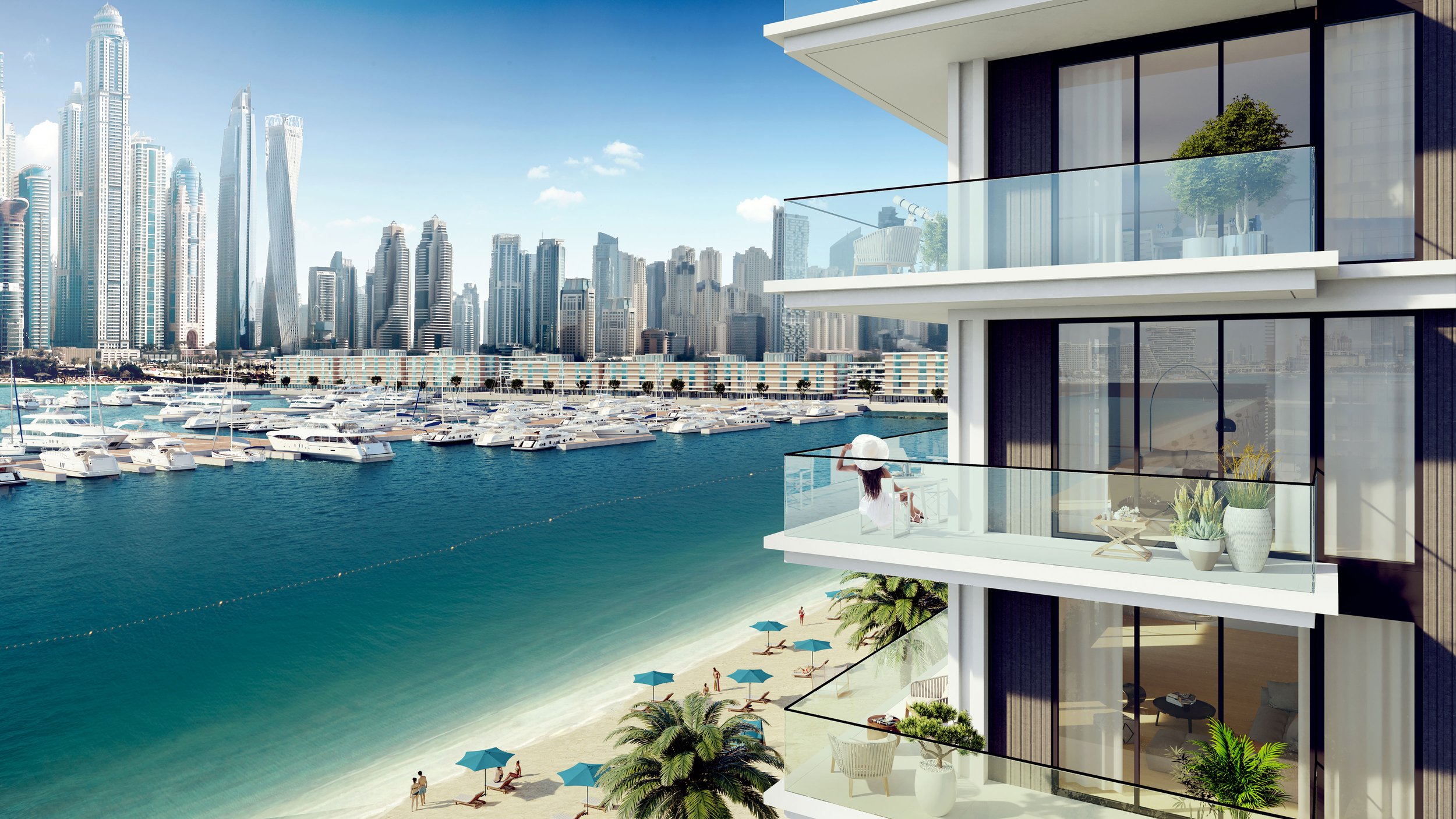 Modern high-rise apartment building with glass balconies overlooking a marina with yachts and a beach, urban skyline with tall skyscrapers in the background, sunny day with clear skies. Emaar. Dubai Marina. Dubai Real estate marketing.