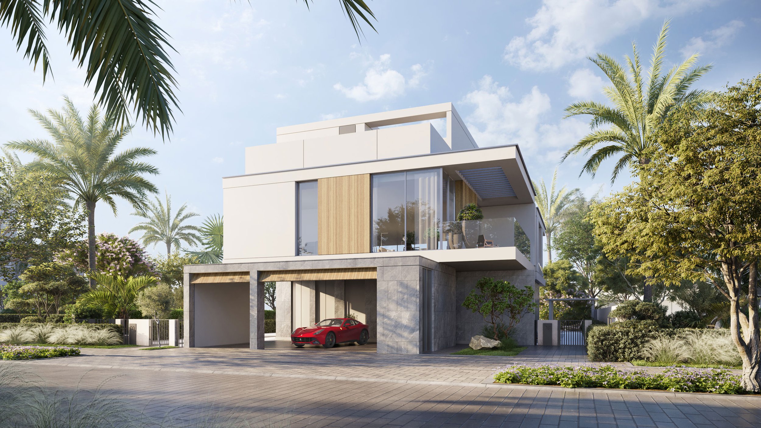 Modern white and gray multi-story house with large glass windows, a garage with a red sports car, surrounded by palm trees and landscaped garden with flowers and shrubs, under a partly cloudy sky. Palm Jebel Ali. Dubai Real estate marketing.