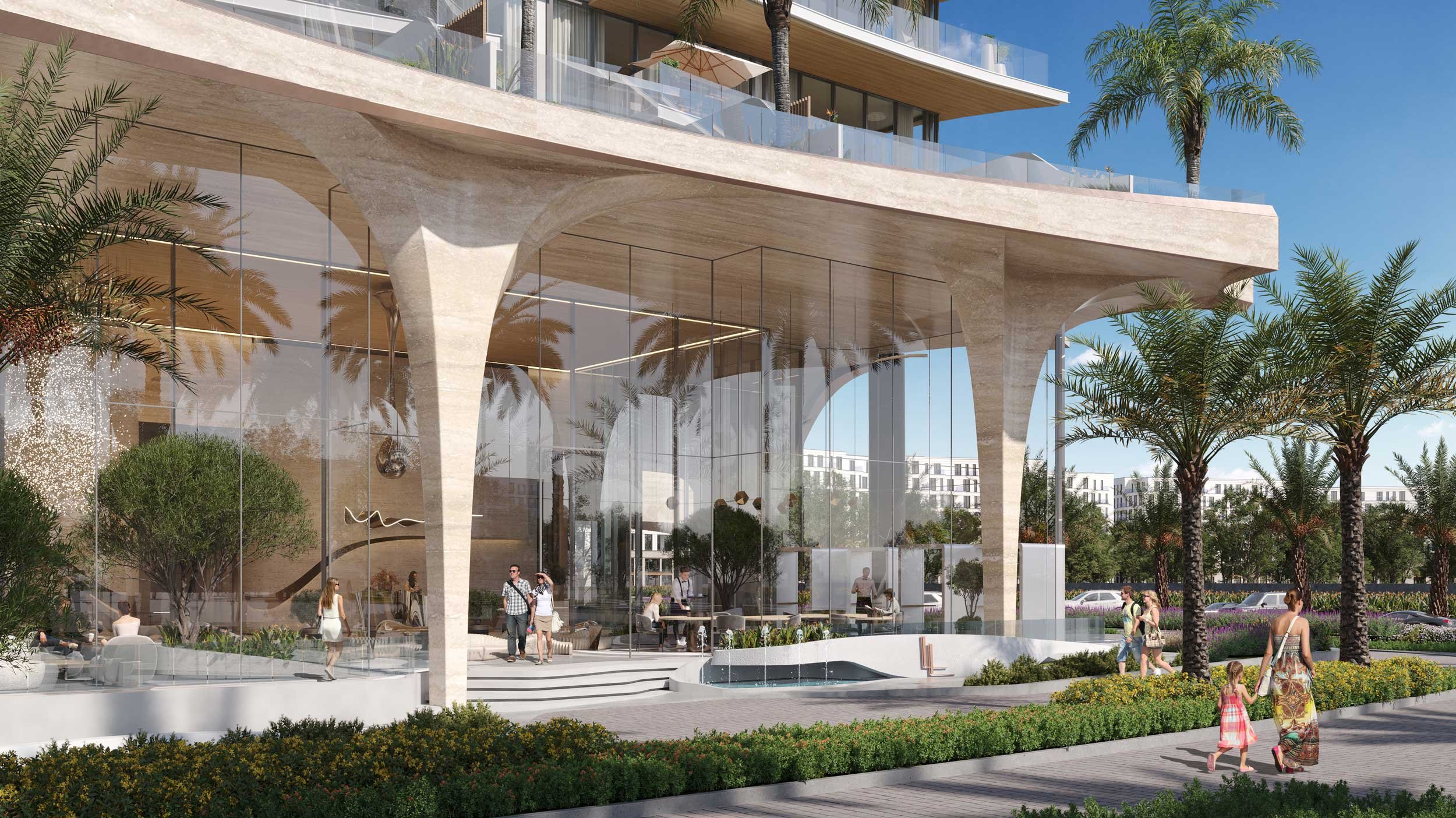 Modern building with large glass windows, tall palm trees, and lush greenery, with people walking and sitting outside on a sunny day.