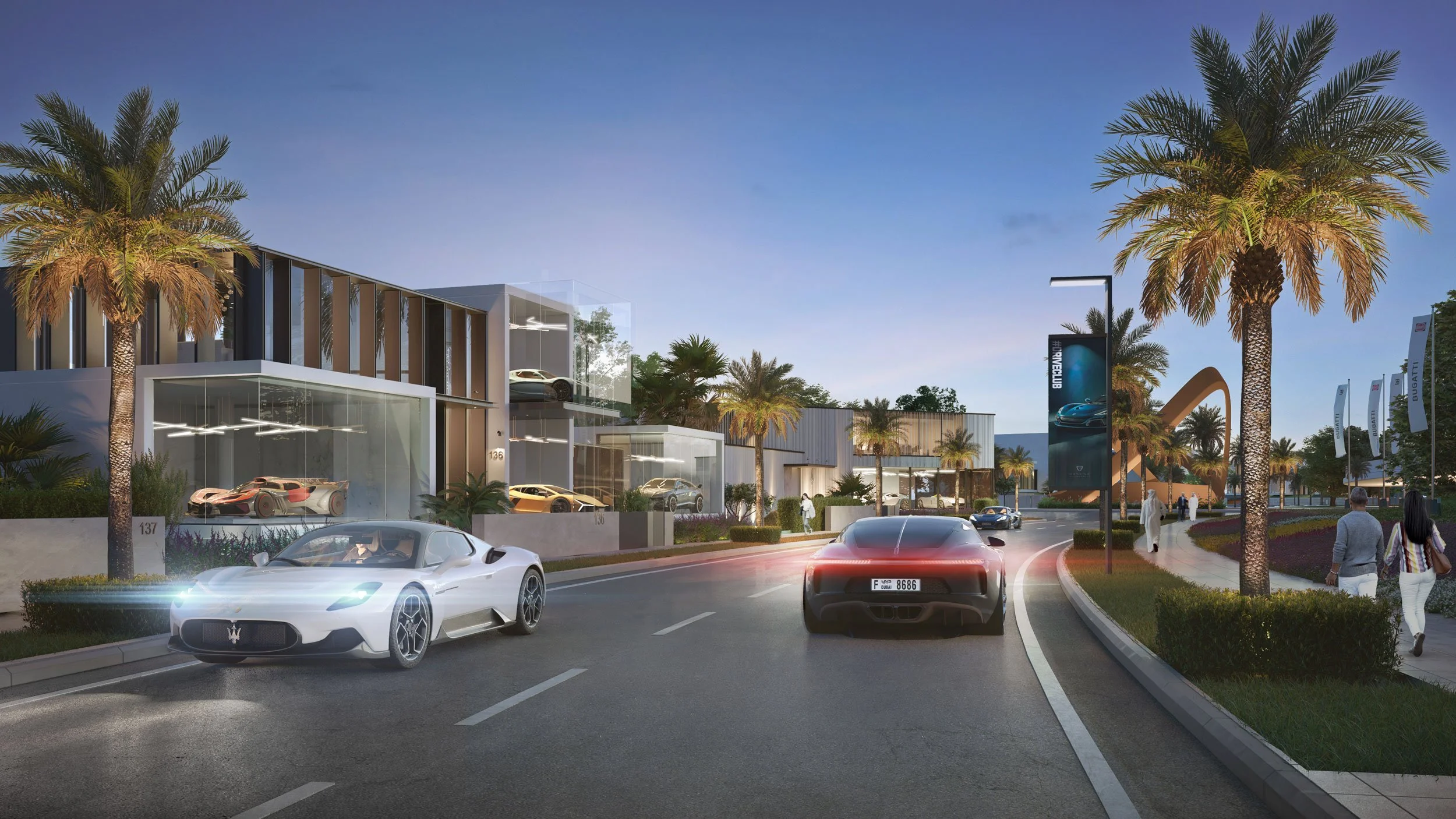 Luxury car dealership with luxury cars on display in glass cases and driving on a palm-lined street at dusk.