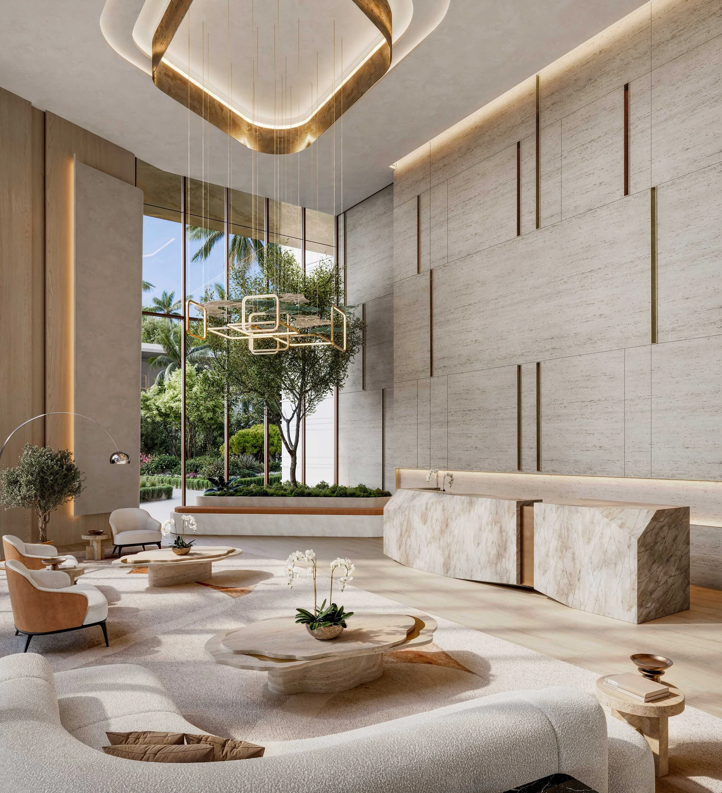 Modern hotel lobby with large windows, beige and white furniture, marble accents, and artistic lighting fixtures.  Beyond Properties. Dubai Real Estate Marketing.