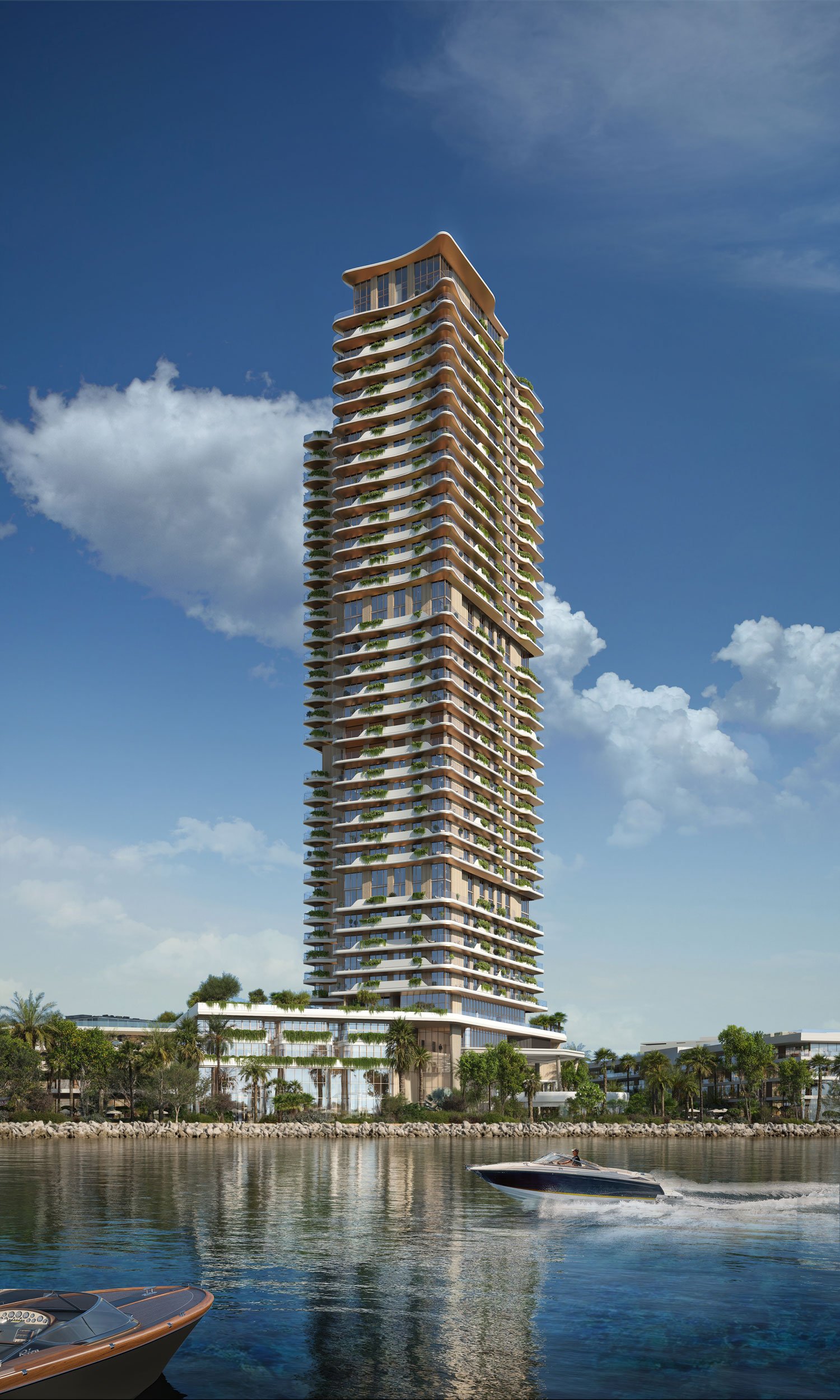 Modern high-rise residential or hotel building beside water with boats, palm trees, and a partly cloudy sky.  Beyond Properties. Dubai Real Estate Marketing.