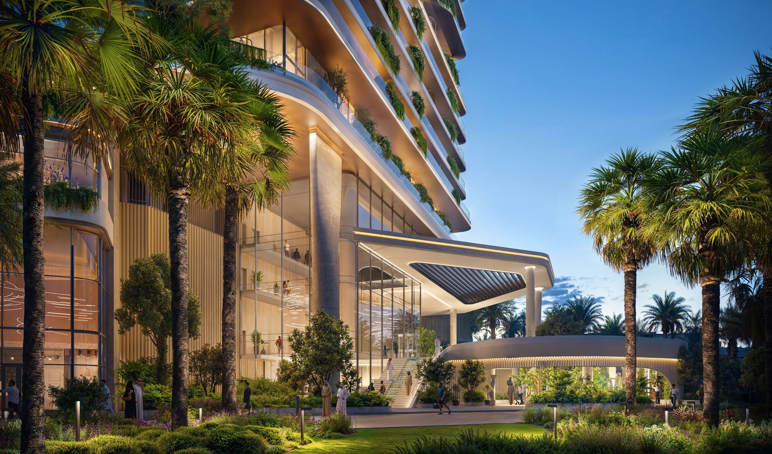 A modern multi-story building with glass walls, surrounded by lush landscaping and tall palm trees, at dusk.  Beyond Properties. Dubai Real Estate Marketing.