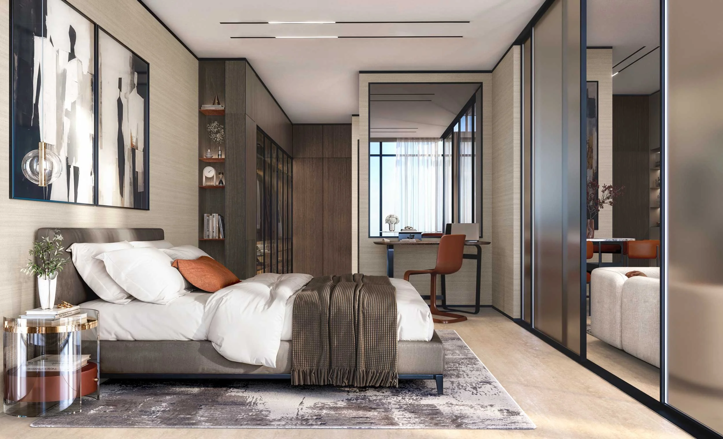 Modern bedroom with bed, artwork, shelves, desk, chair, and a window with curtains. Lacasa Living.  Jumeriah Gardens. CGI.  Dubai Real Estate Marketing.