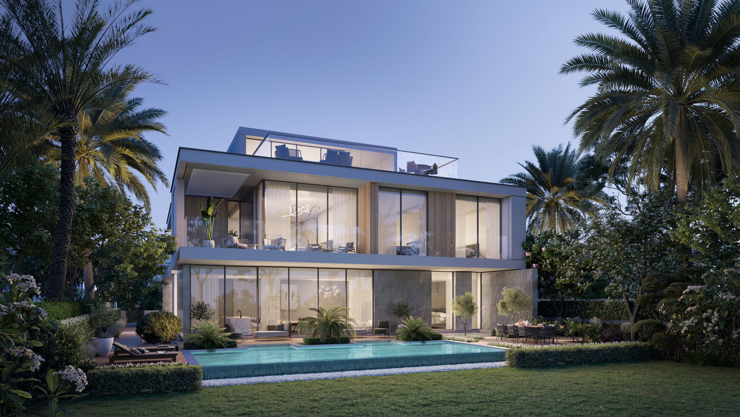 Modern multi-story house with large glass windows, swimming pool in the landscaped backyard, tall palm trees, outdoor seating, and lush greenery. Nakheel. Dubai Real estate marketing.