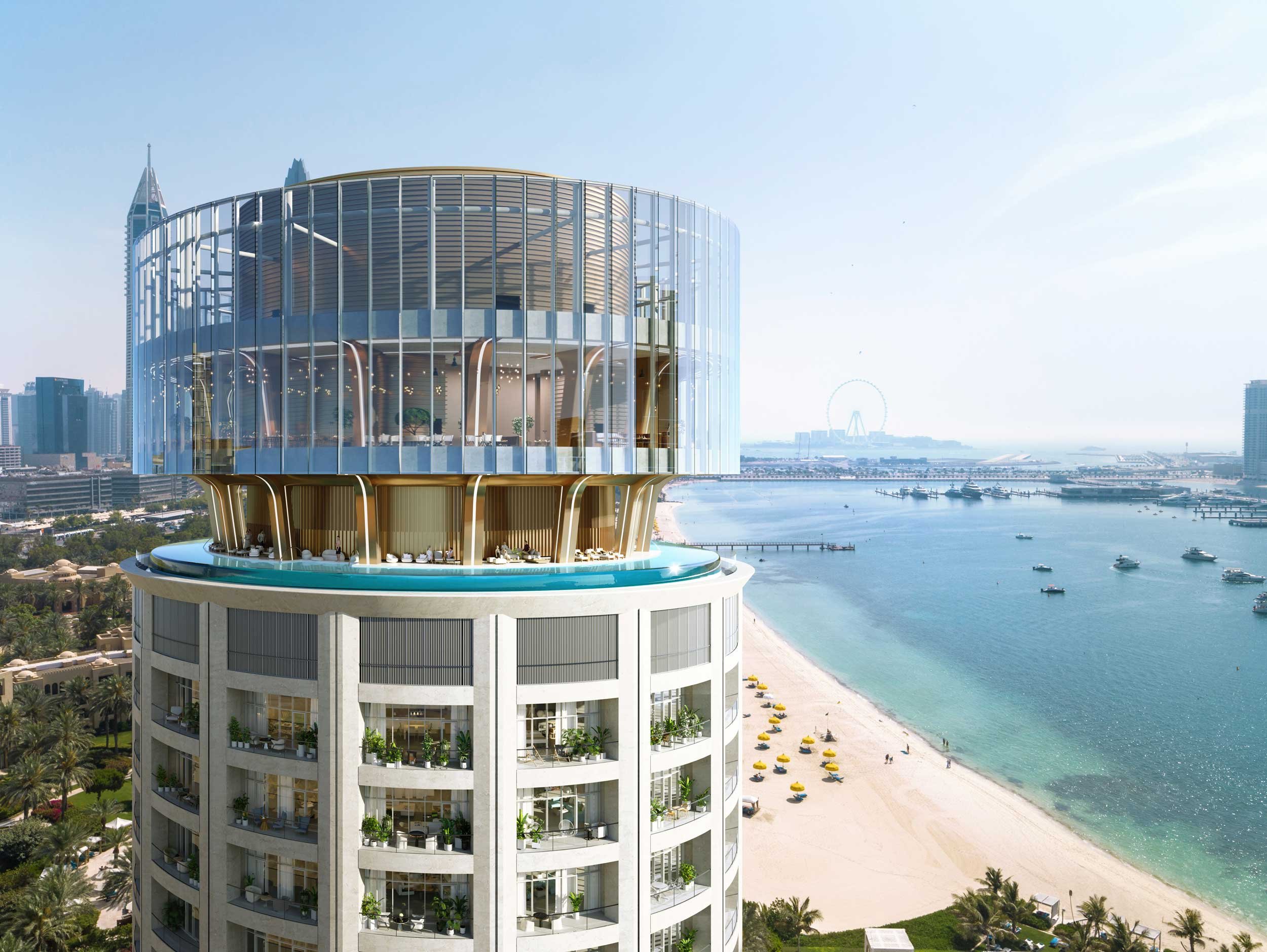 A tall modern building overlooking a beach with umbrellas and boats, city skyline in the background, with Dubai Marina. Nakheel. Dubai Holding CGI. Dubai Real estate marketing.