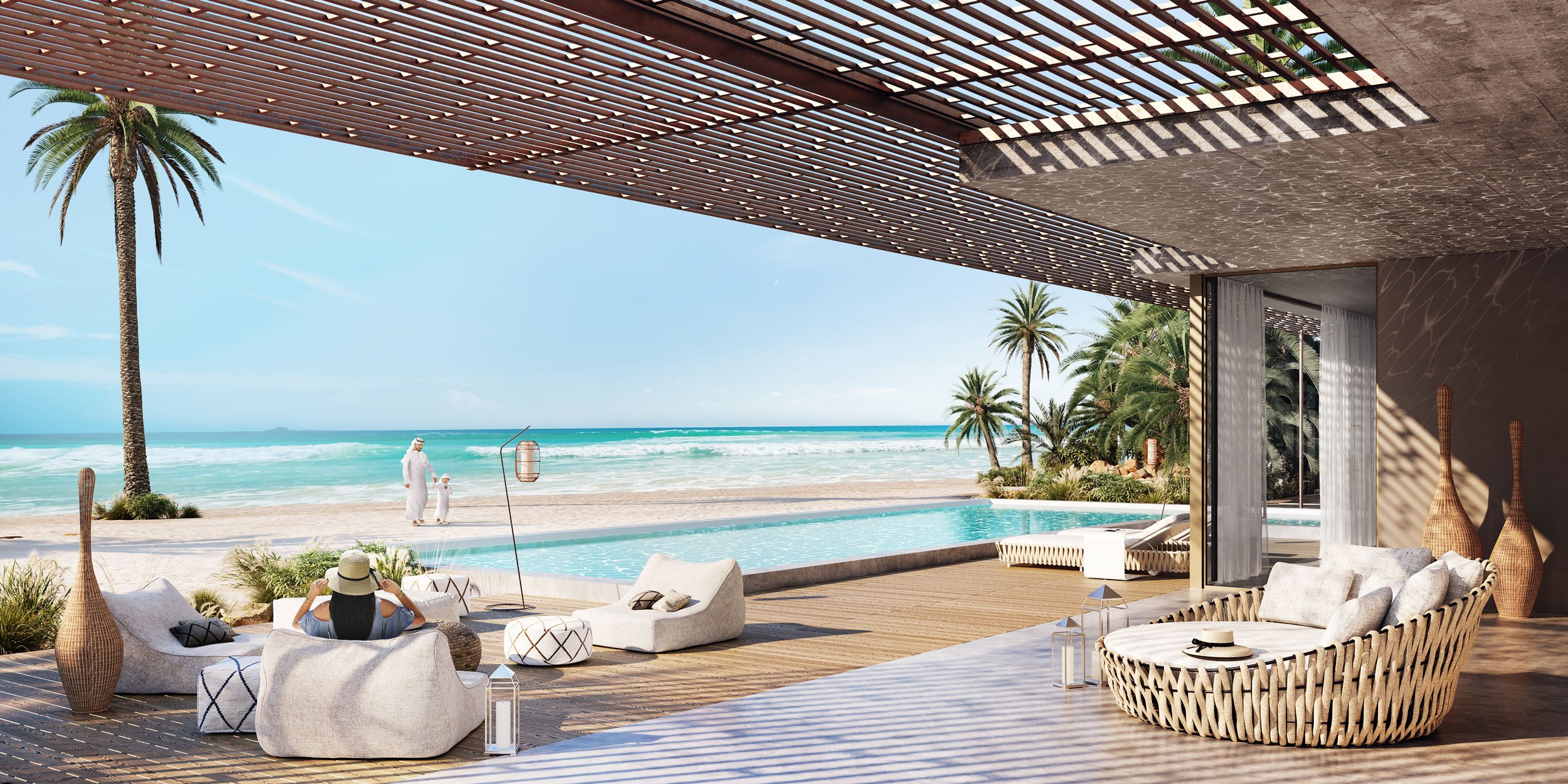 Luxury beachfront outdoor living space with modern furniture, view of the ocean, palm trees, and people enjoying the beach.