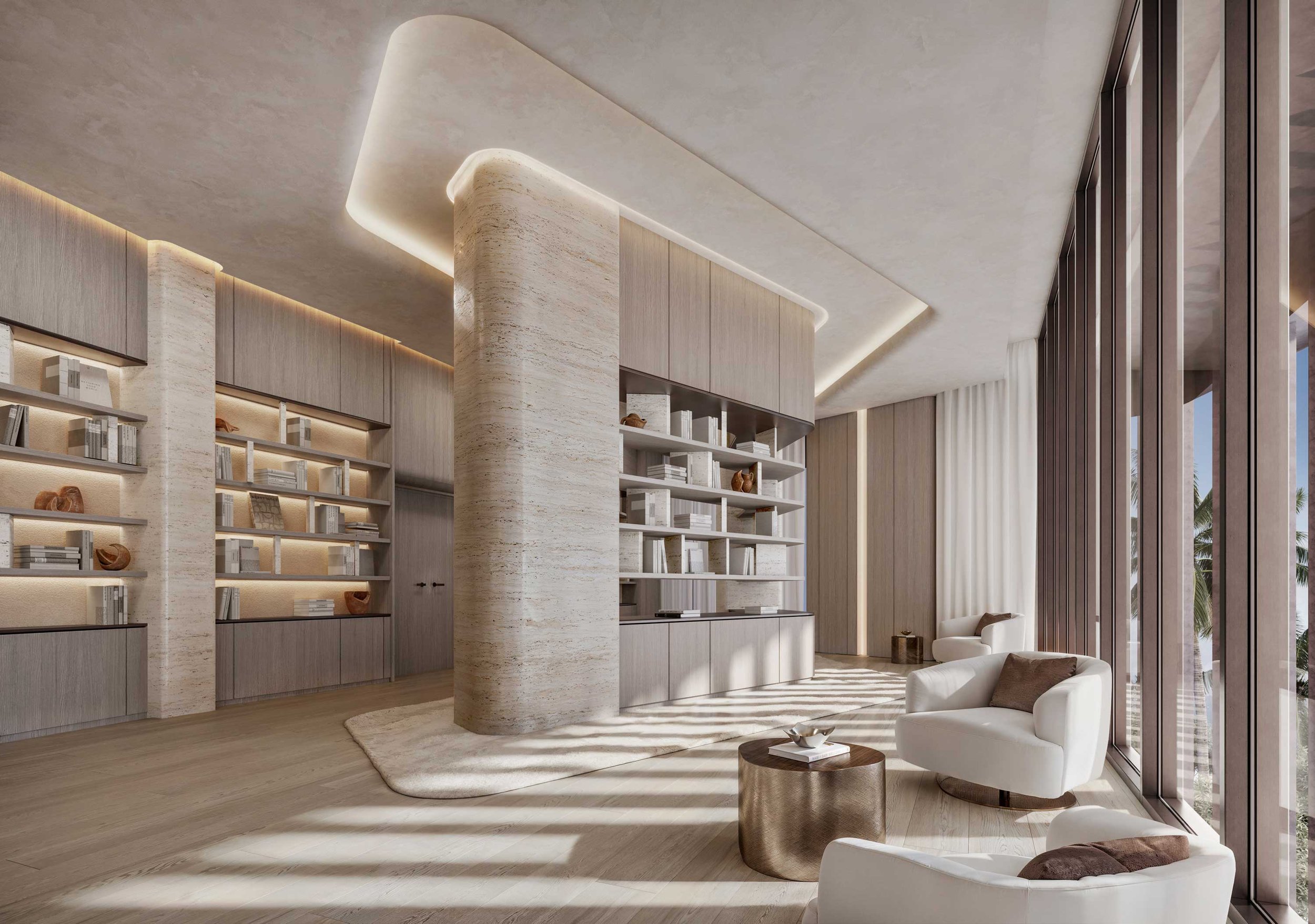 Modern living room with curved wall, floor-to-ceiling windows, white chairs, wooden side table, built-in bookshelf, and beige decor.  Beyond Properties. Dubai Real Estate Marketing.