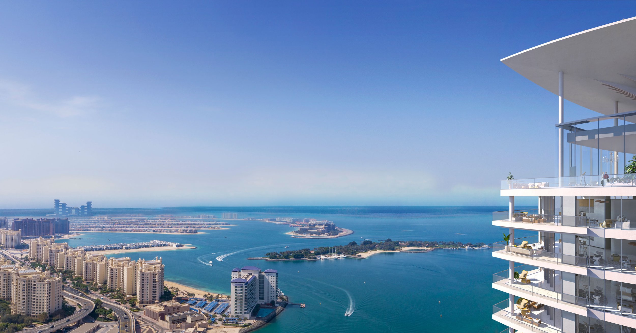 A modern high-rise apartment balcony overlooking a beach and city skyline with boats on the water and a clear blue sky.