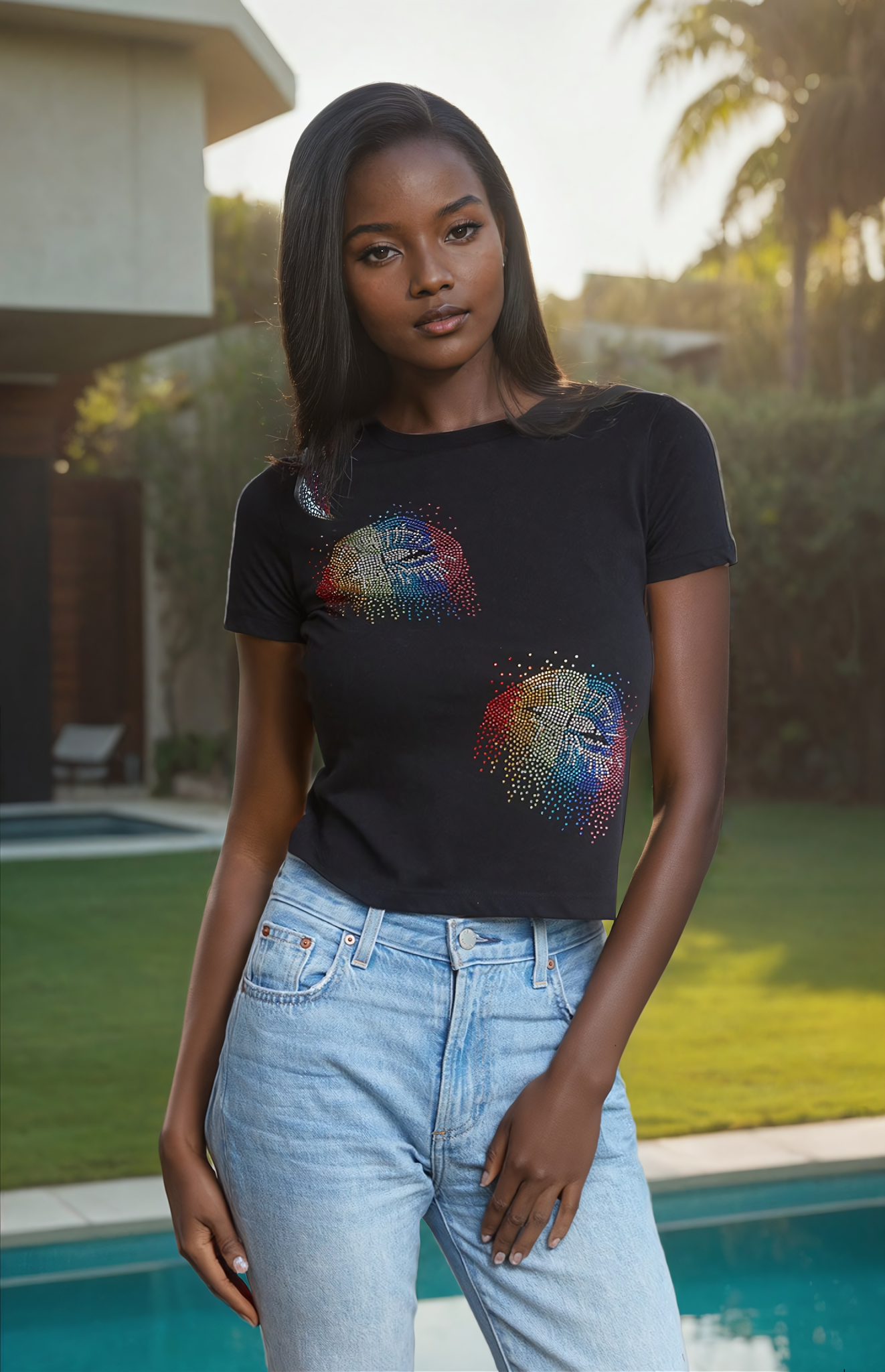Rainbow Double Mini Sparkling Lips Flowy  Crop Top tee