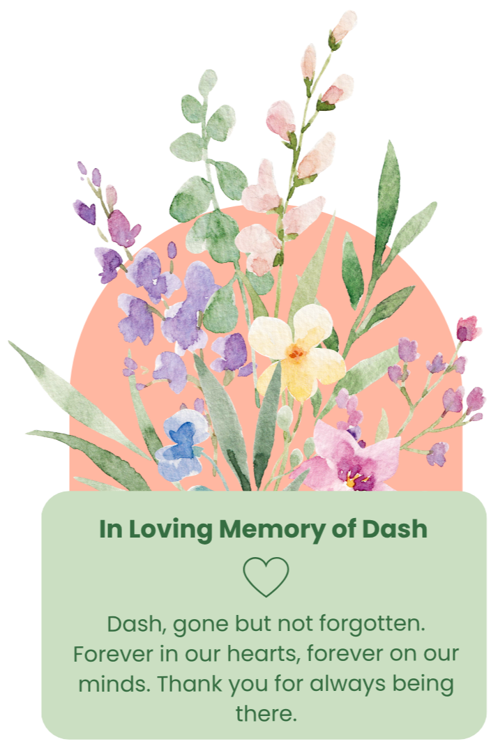 A watercolor-style illustration of mixed flowers and green foliage on a pink oval background with a memorial message in a green box.