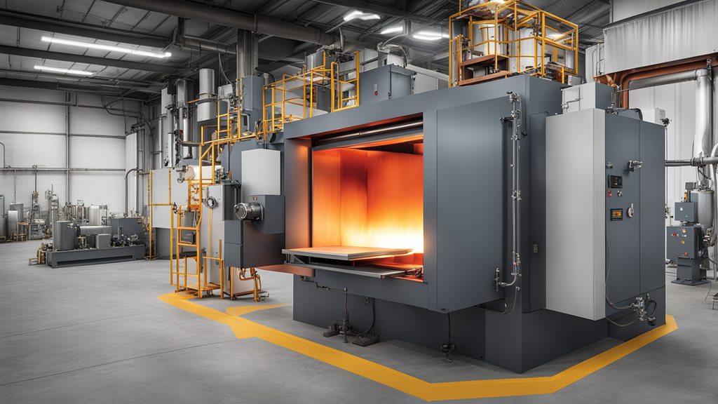 Industrial furnace in manufacturing facility with a glowing interior and control panels.