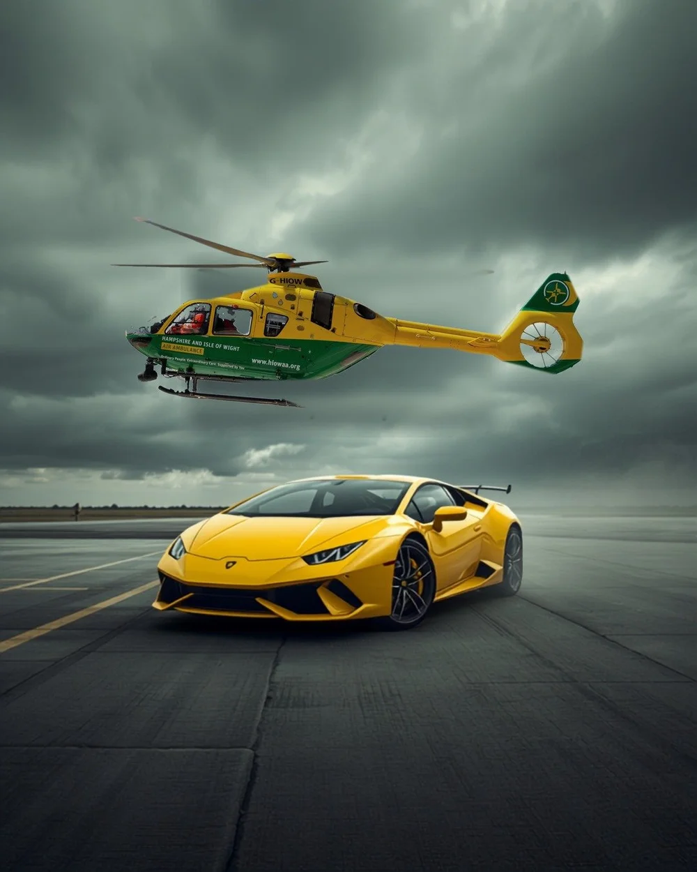 Helicopter beside a Lamborghini Hurac&aacute;n