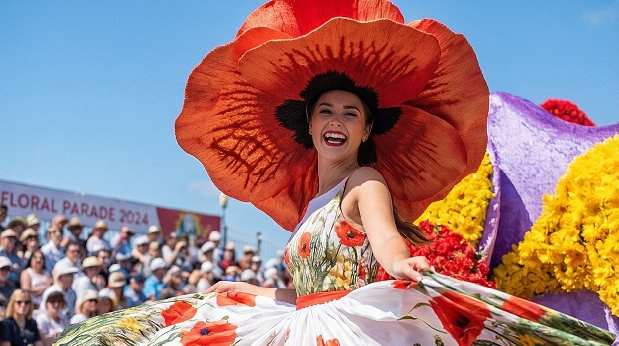 A dancer in a wide red flower hat and a floral dress on a float at the Madeira Flower Festival parade, with the grandstand behind her.