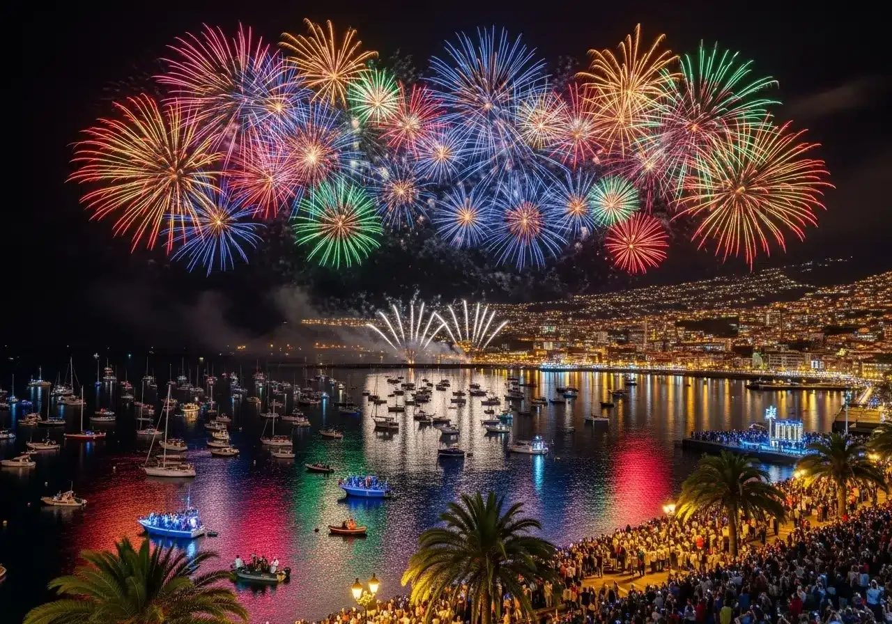 Fireworks going up in an arc across Funchal bay at midnight, with boats anchored on the water below.