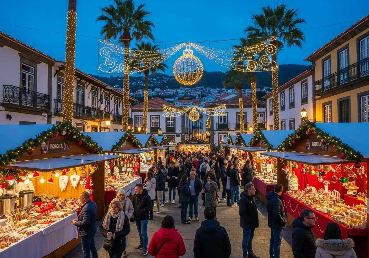 Wooden chalets and lit decorations strung between palm trees at the Funchal Christmas market at dusk.