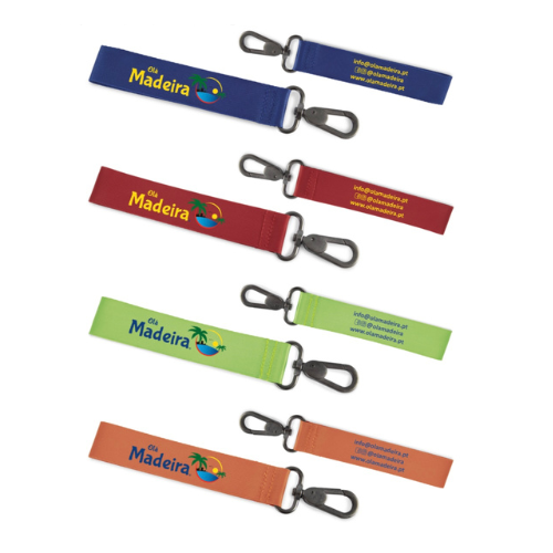 The Ol&aacute; Madeira keychain in blue, red, lime and orange