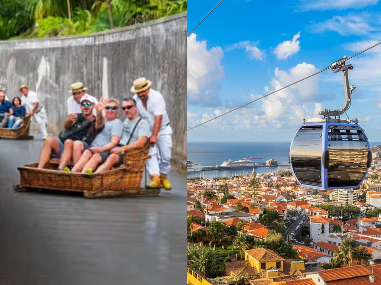 Funchal cable car rising over the bay towards Monte
