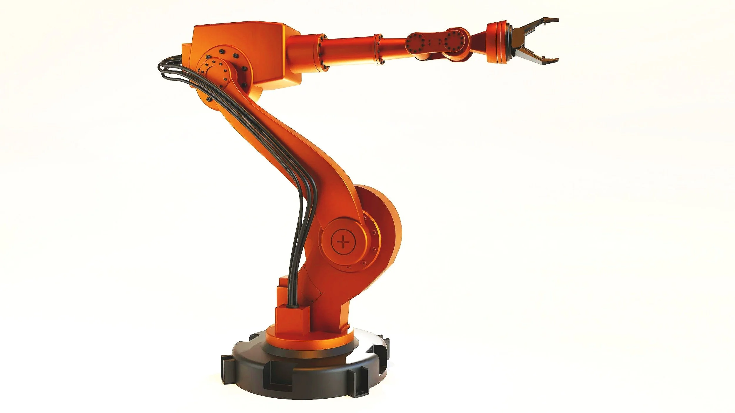 Orange industrial robotic arm with multiple joints and black cables on a white background.