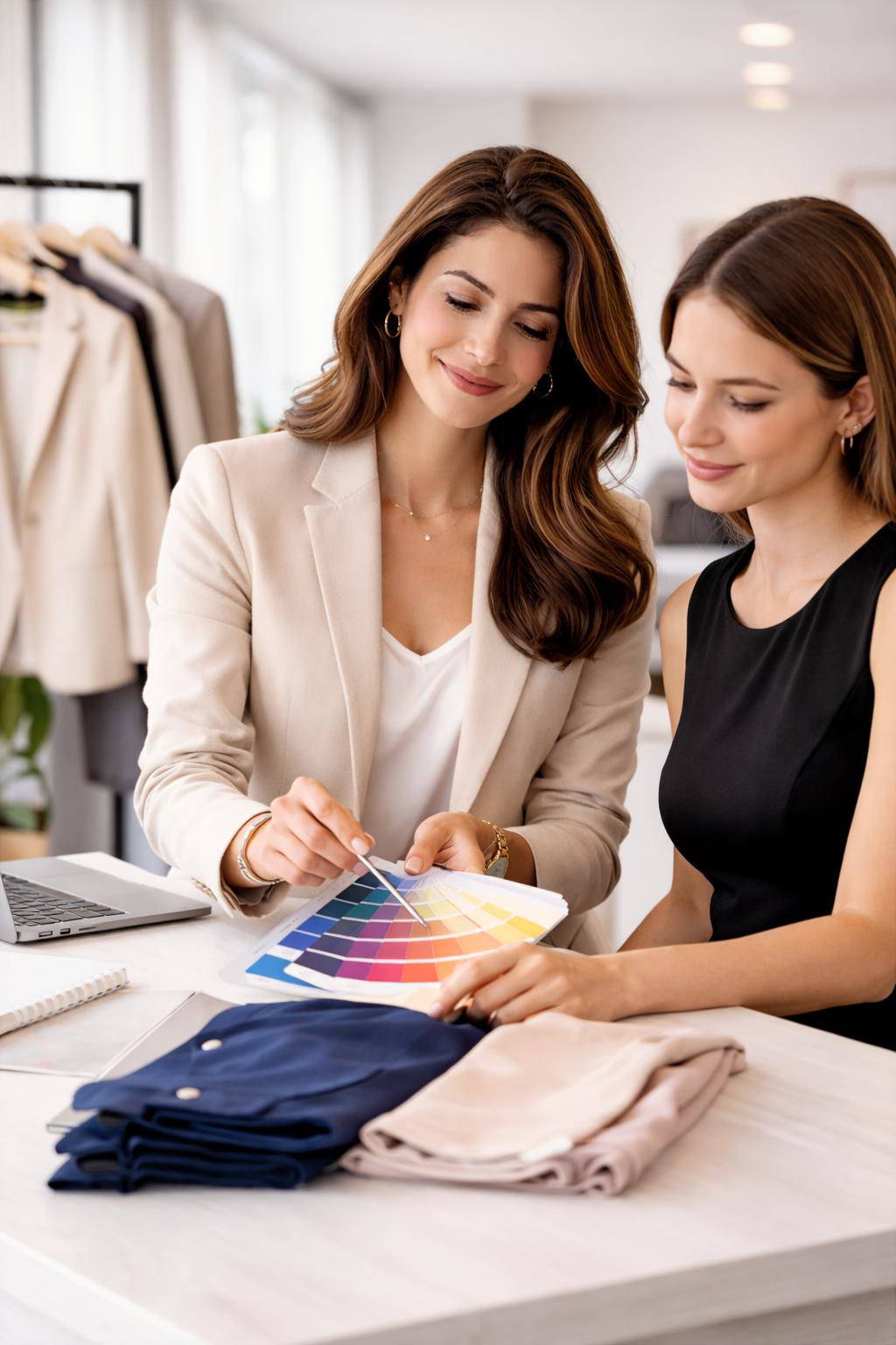 Dos mujeres en una tienda de ropa revisando una tabla de colores.