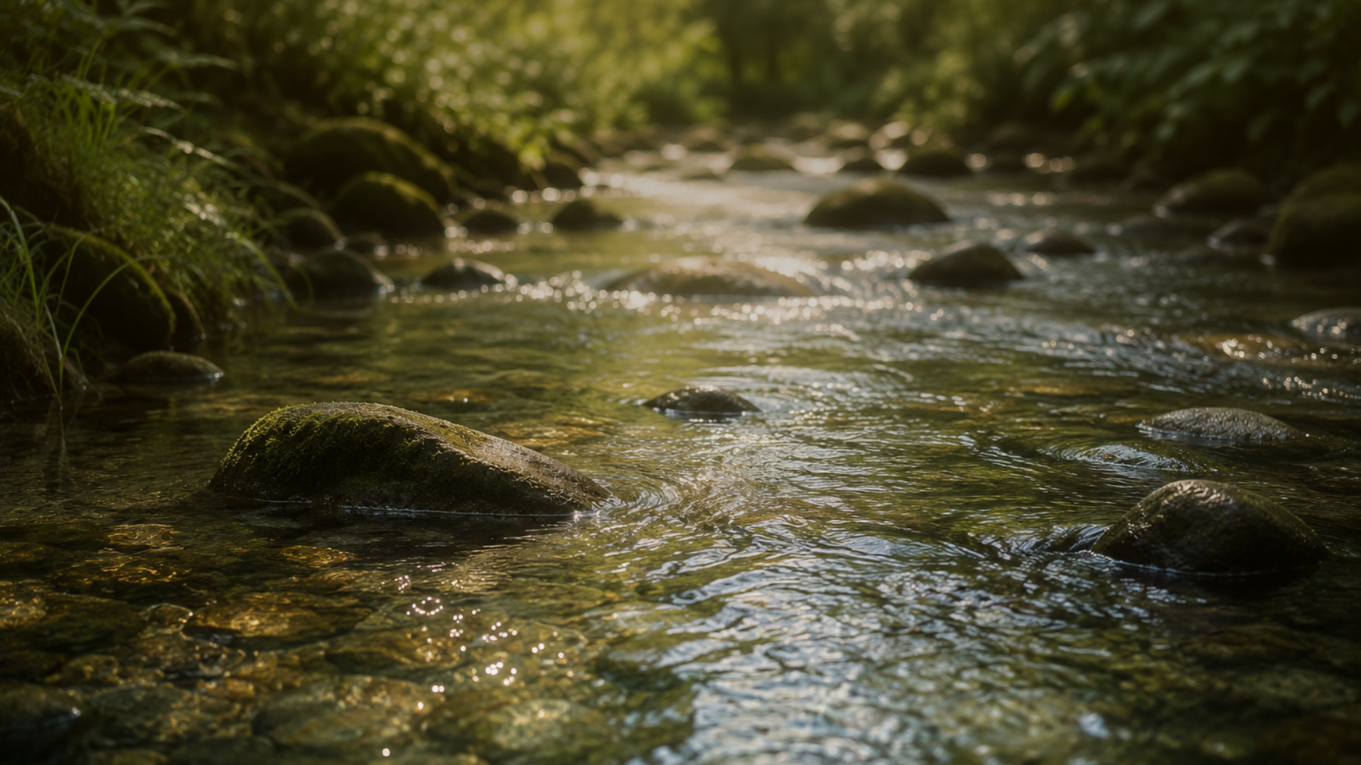 A shallow creek with moss-covered rocks and greenery along the banks, sunlight reflecting on the water surface.