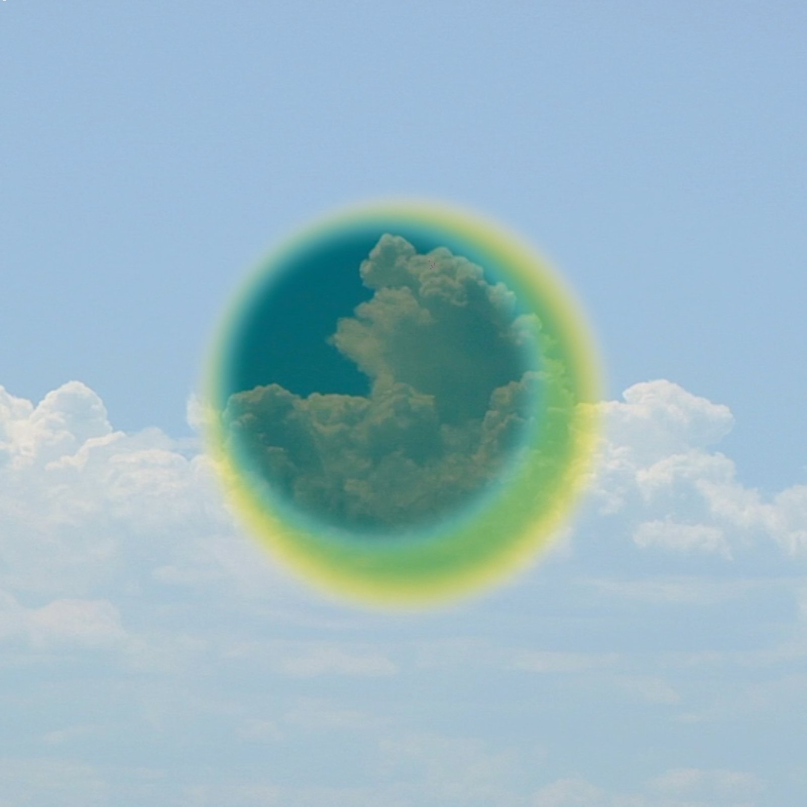 Cover art for sound meditation album by NTM Sound 'Sonic Spaces for Reflection' featuring a circular pattern with a cloudy sky in the center, surrounded by a yellow-green glow, set against a backdrop of a blue sky with scattered clouds.