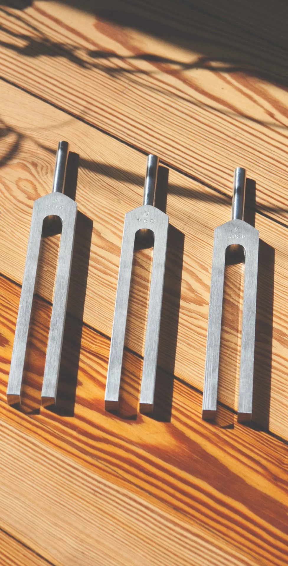 Three metal tuning forks placed on a wooden surface, casting shadows.