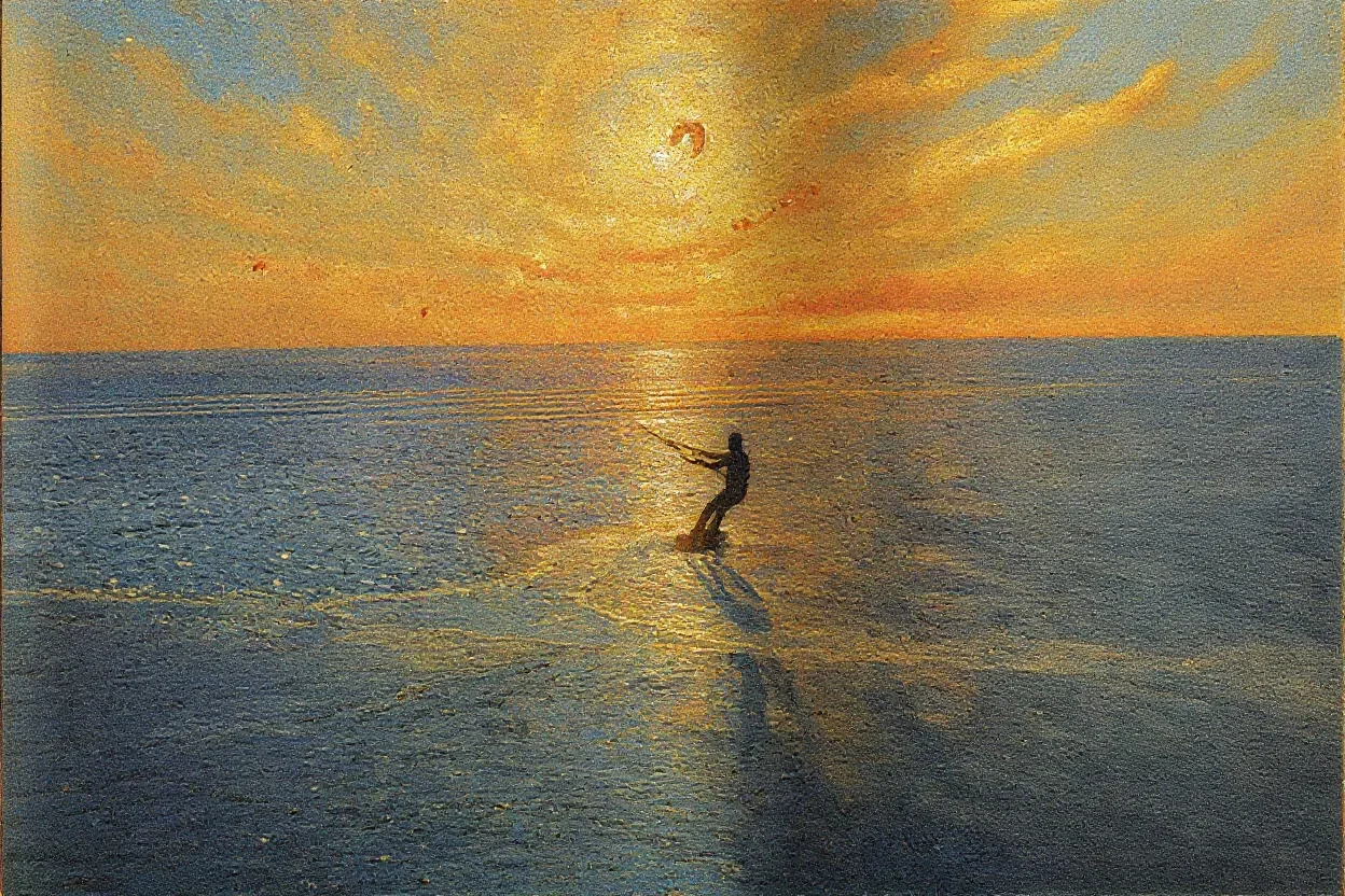A person kitesurfing on the sea at sunset.