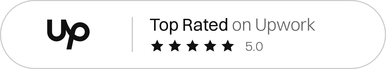 Logo Upwork avec une note de 5 étoiles et le texte "Top Rated on Upwork"