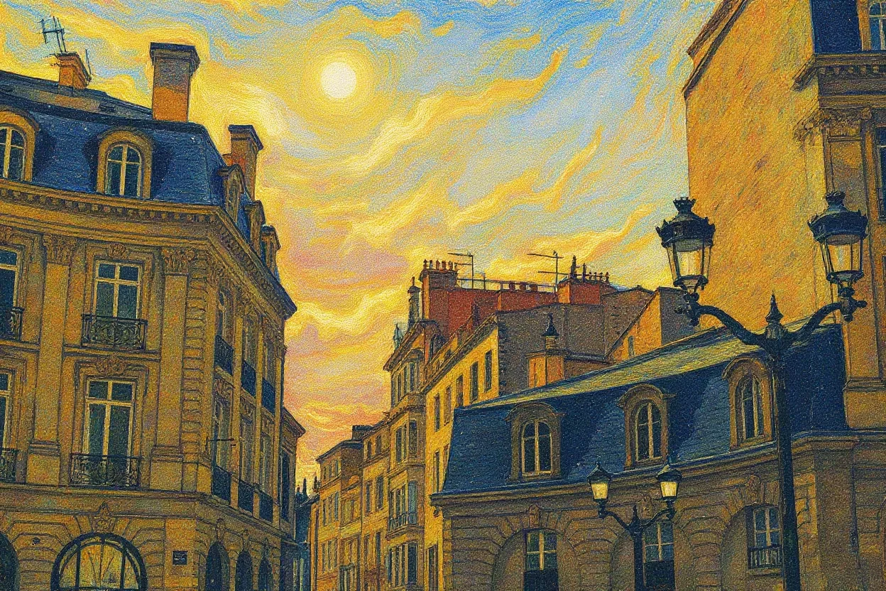Parisian streetscape with old buildings and lampposts at sunset, Impressionist painting style.