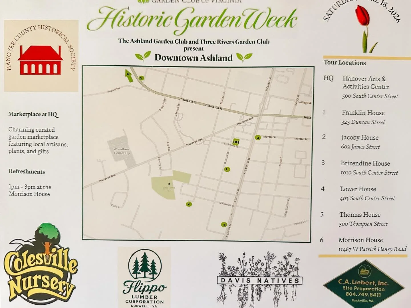 We are so grateful for the incredible sponsors who help make Historic Garden Week in Ashland possible 🌿💚 Their support brings this special day to life for our community!

Be sure to pick up your tour brochure at Headquarters (Hanover Arts &amp; Act