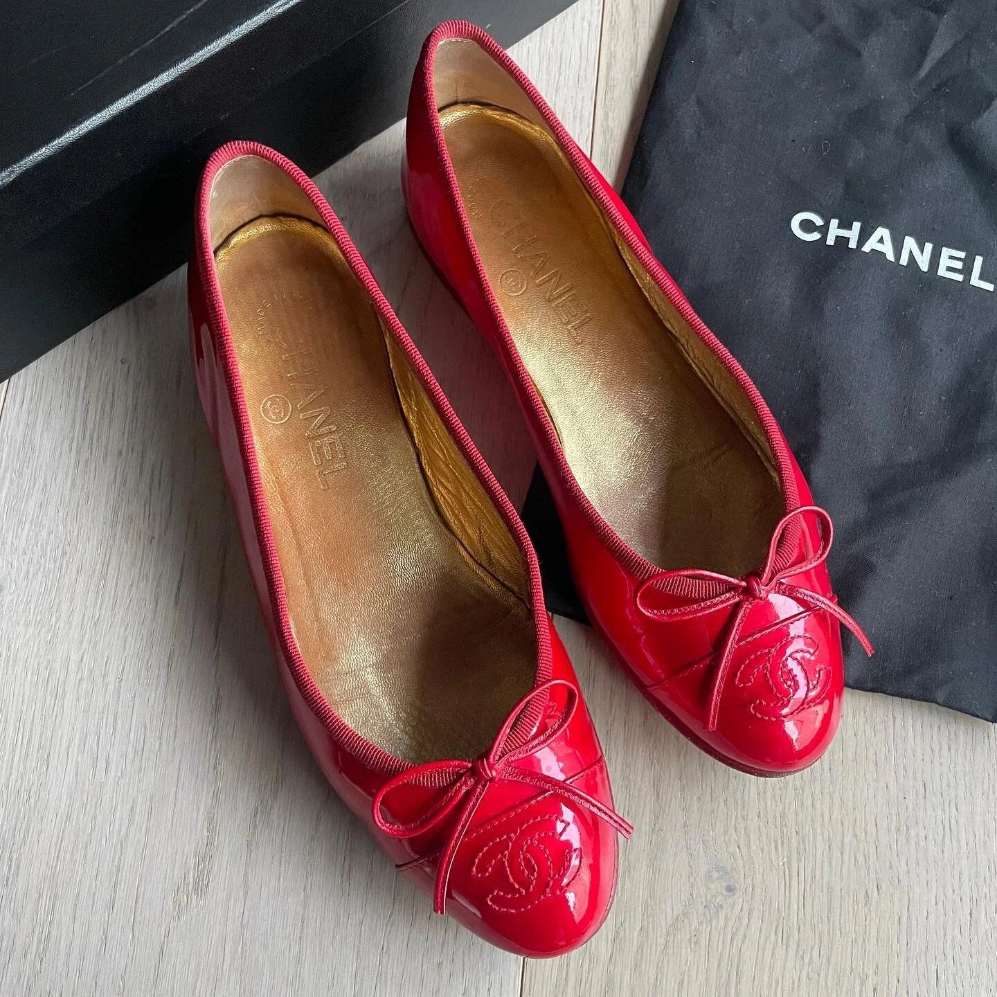 ❤️SOLD❤️ Just in time for the holiday season! These highly sought after bright red patent leather Chanel ballerinas are to die for 🍒🍒🍒 These are extremely rare and collectible. They are in amazing condition and are a size IT 36.5. On sale for &pou