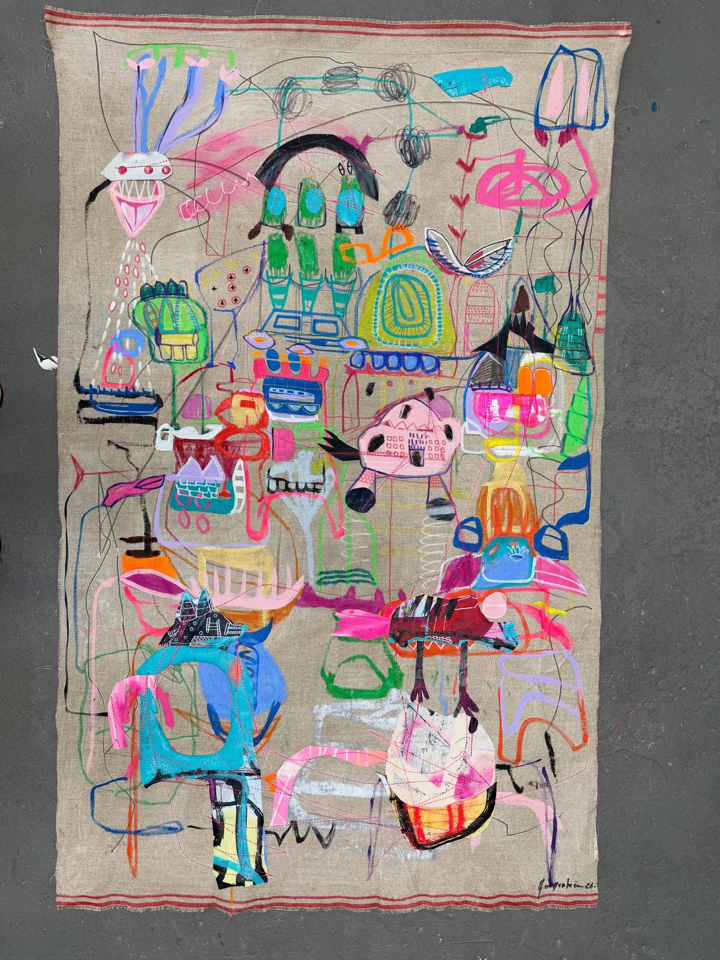 NEW ORIGINAL PAINTING
July 2026
Title: A Day in the Village
Size: 53 &times; 63 inches
Mixed media: acrylic, stitches, collage on canvas