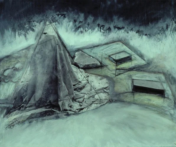 "Evidence in the Rock," 1981, oil stick, graphite and colored pencil on gelatin silver print, 20x24 in.