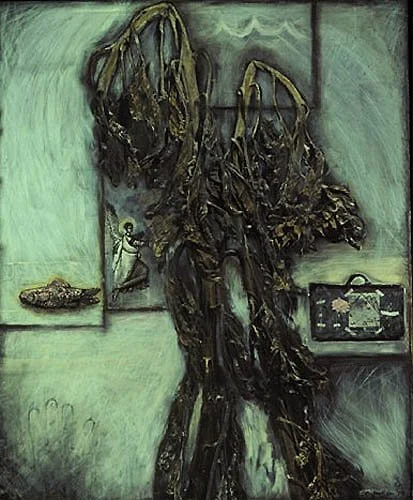 "Task of Change," 1986, air-brushed dye and mixed media on getatin silver print, 20x24 in.