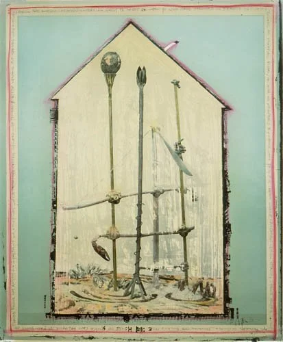 "House of Sticks," 1984, air-brushed dye on gelatin silver print, 20x24 in.
