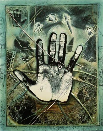 Untitled, 1991, air-brushed dye and mixed media on gelatin silver print, 20x24 in.